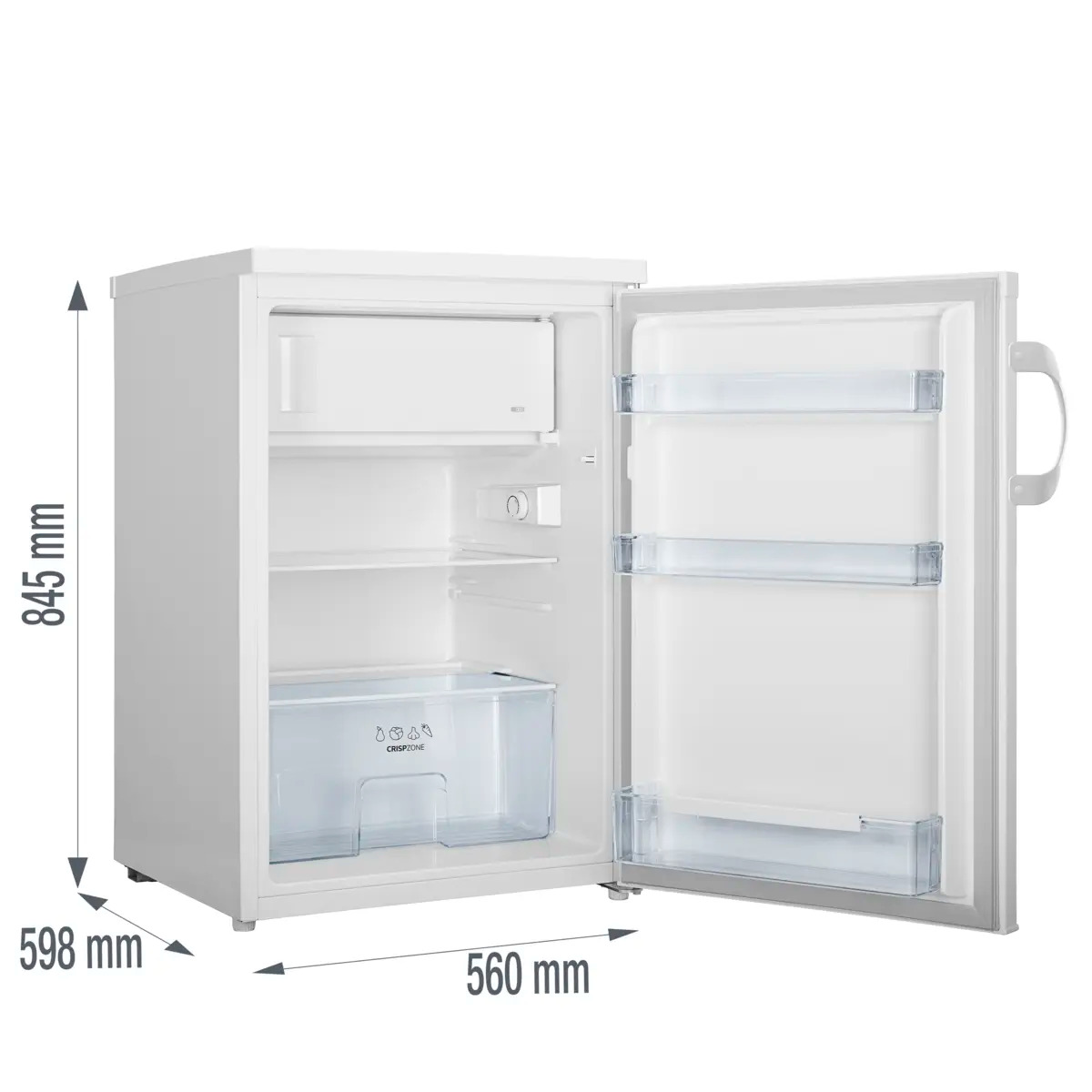 Kleiner weißer Kühlschrank mit geöffneter Tür und Maßangaben.