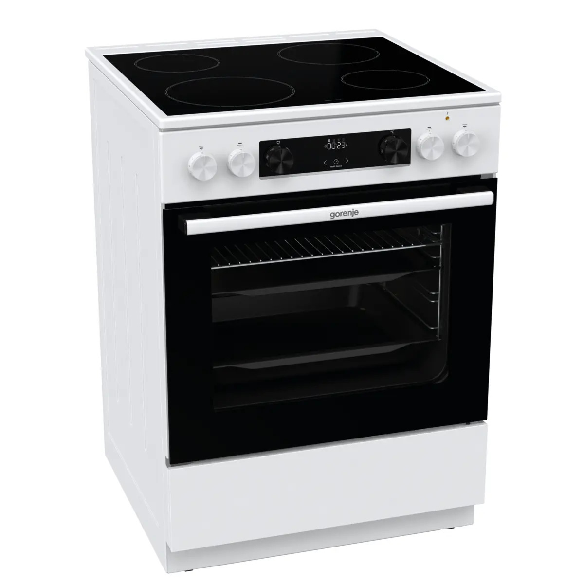 Ein weißer Elektroherd mit schwarzem Glaskeramikkochfeld und Backofen.