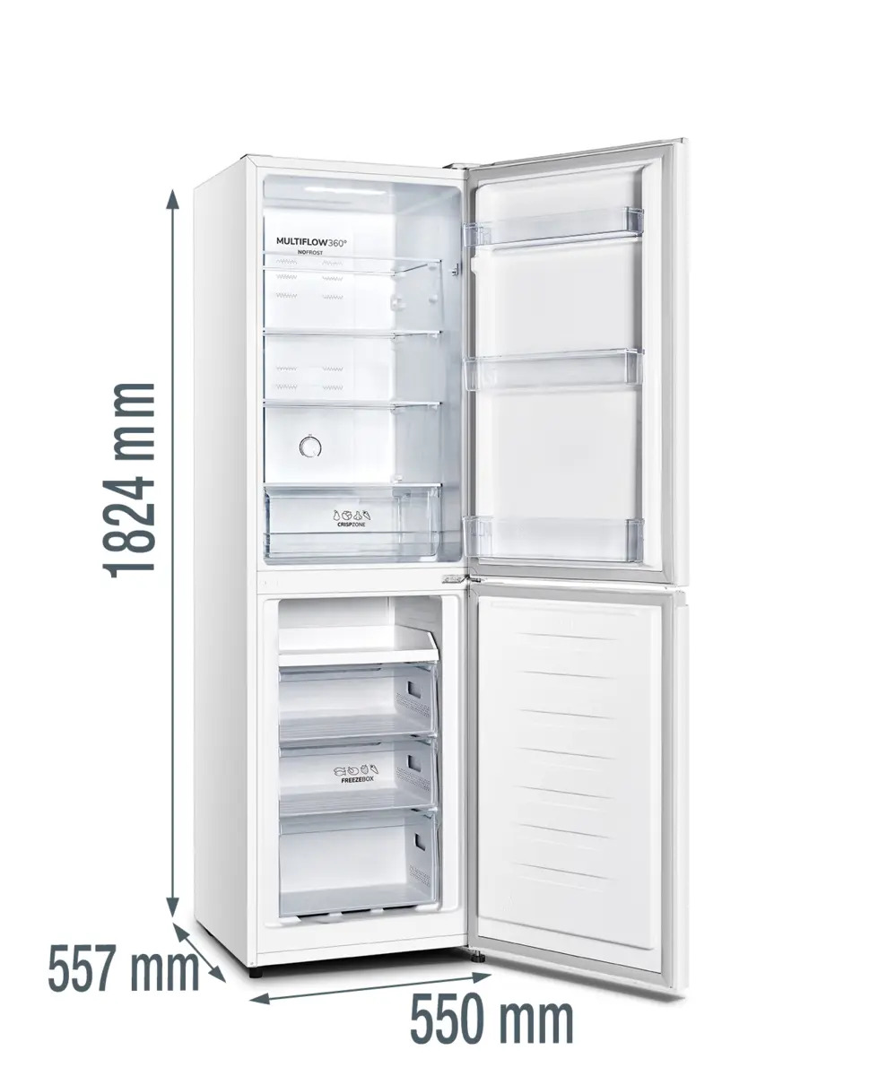 Weißer Kühlschrank mit geöffneten Türen und Maßen von 1824x550x557 mm.