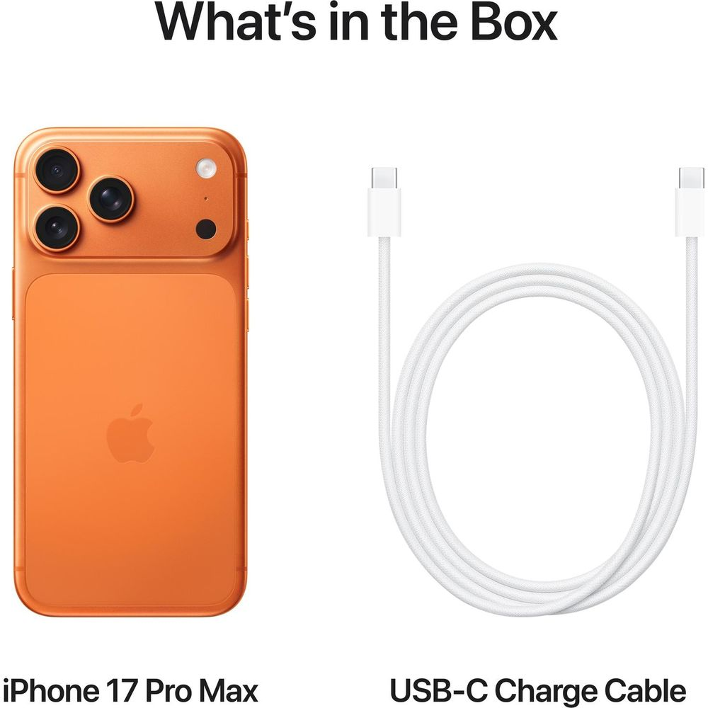 Un iPhone 17 Pro Max arancione e un cavo di ricarica USB-C bianco su sfondo chiaro.