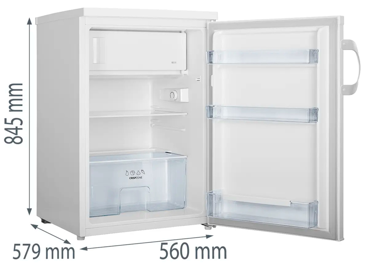 Piccolo frigorifero bianco con porta aperta e dimensioni di 845x560x579 mm su sfondo bianco.