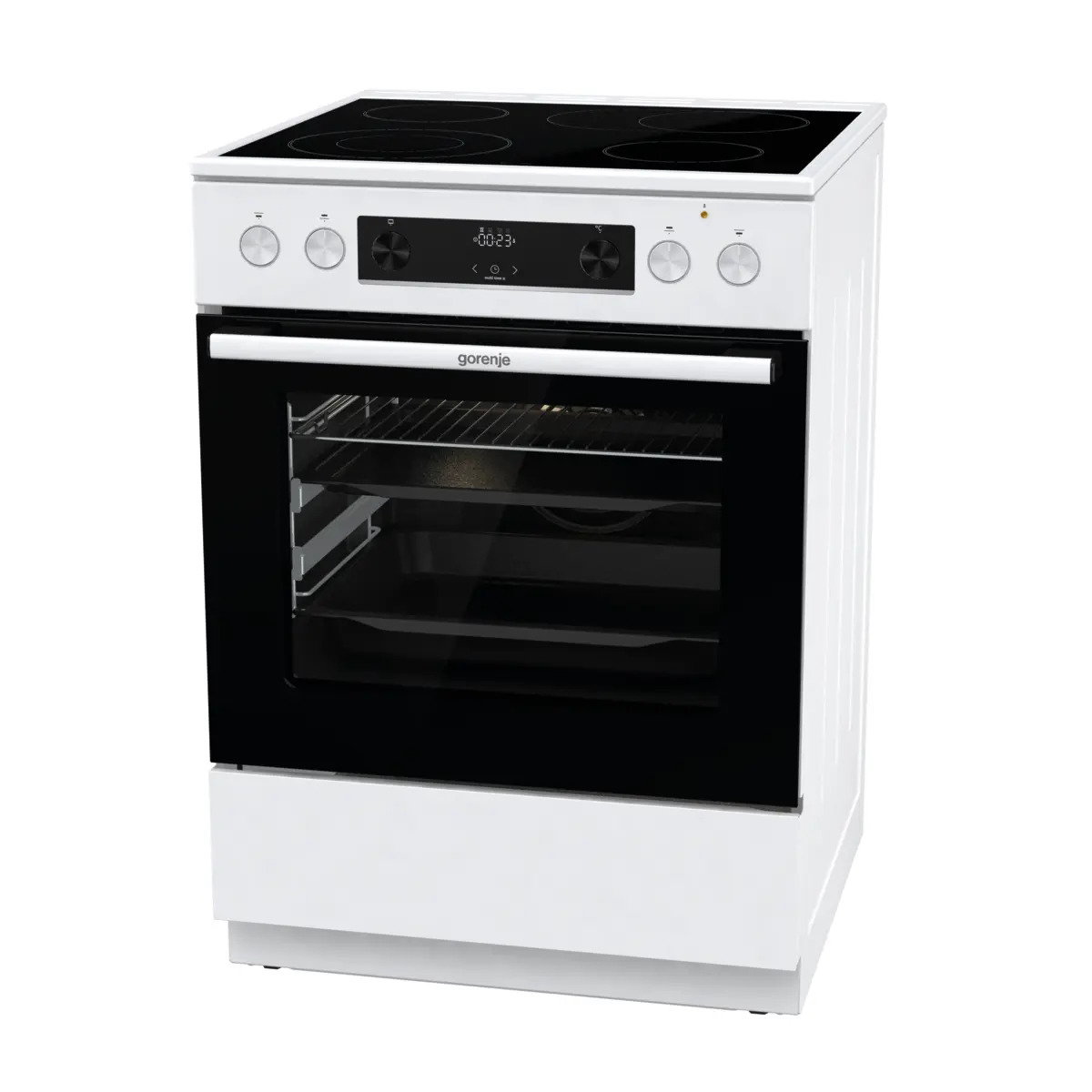 Una cucina elettrica bianca con piano cottura e porta del forno neri su sfondo bianco.