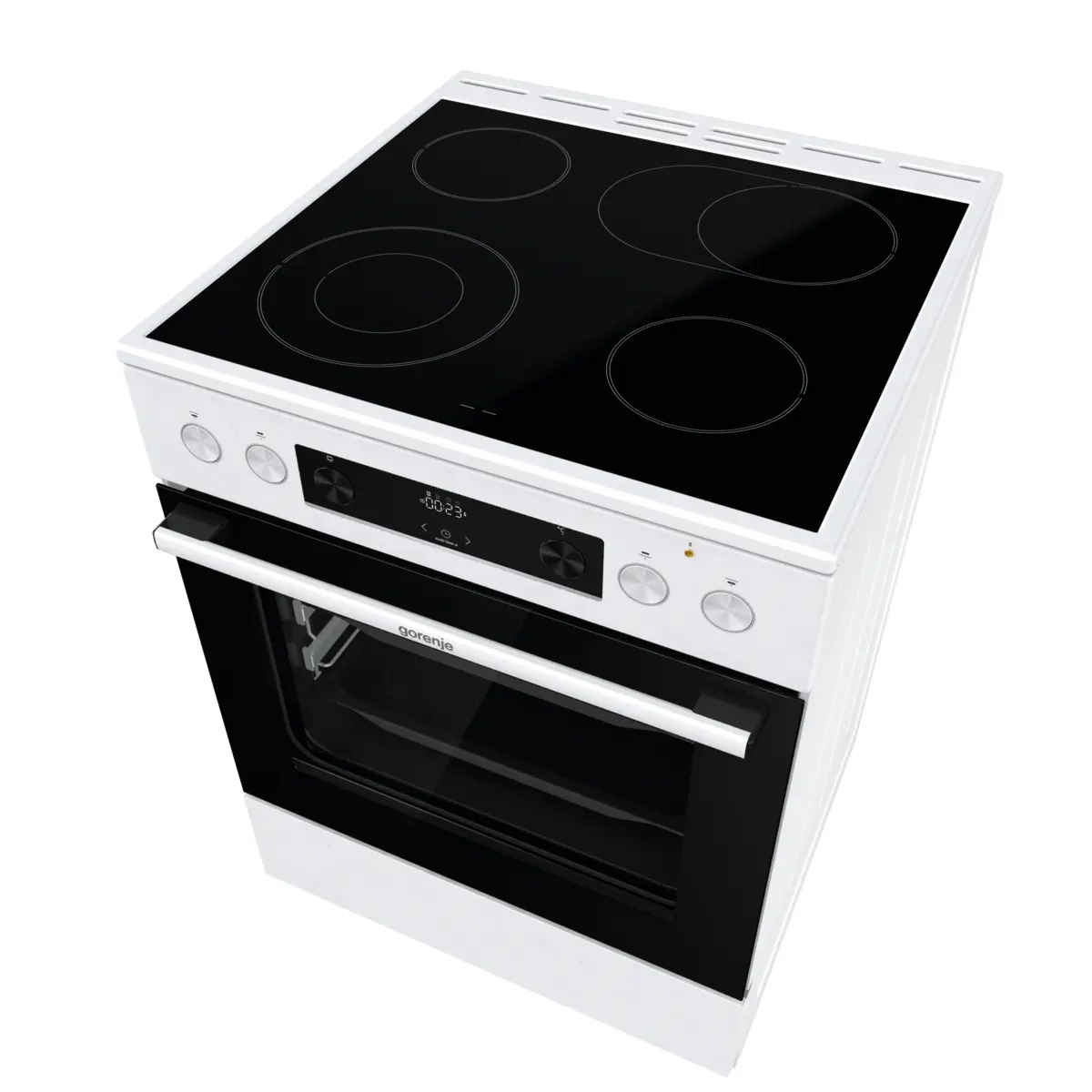 Una cucina elettrica bianca con piano cottura in vetro ceramica nero e porta del forno su sfondo bianco.