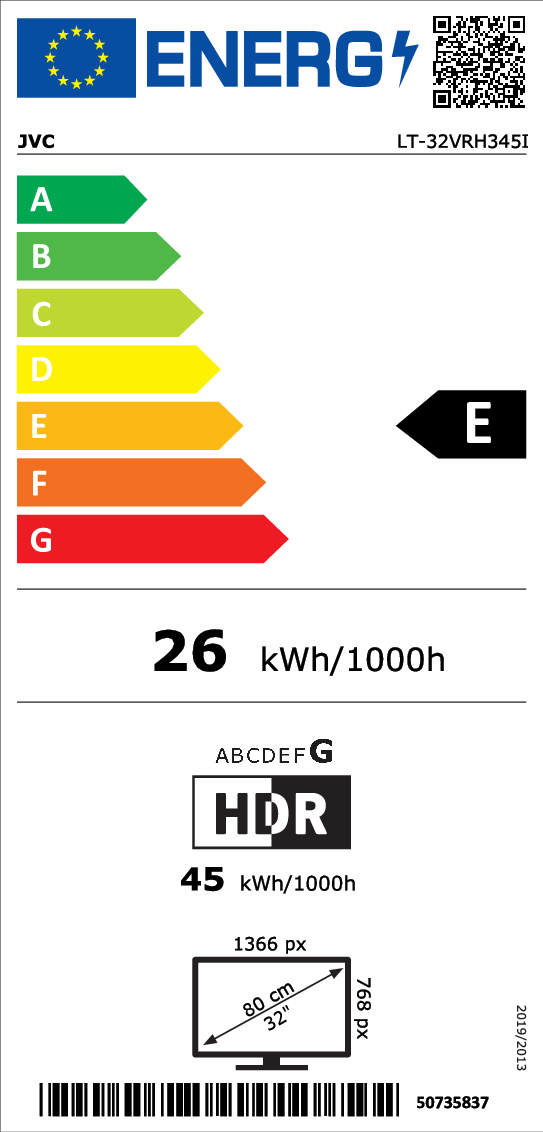EU-Energieeffizienzlabel für JVC-Fernseher mit Energieklasse E, 26 kWh Verbrauch und 32 Zoll Bildschirmdiagonale.