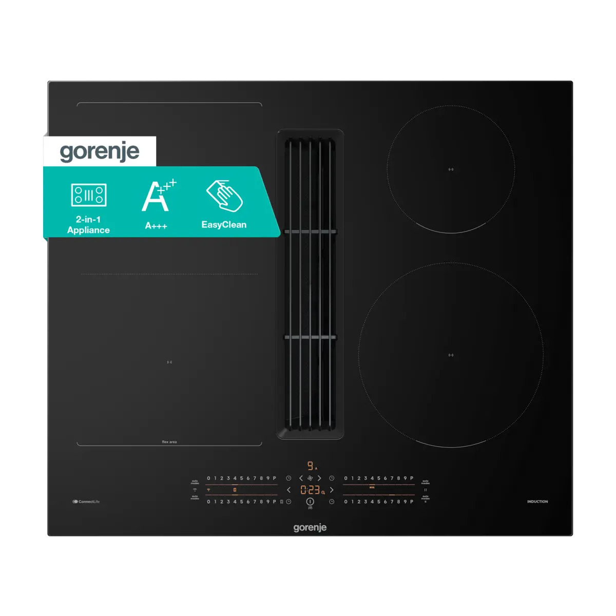 Schwarzes Gorenje Induktionskochfeld mit integrierter Dunstabzugshaube und Touch-Bedienfeld.