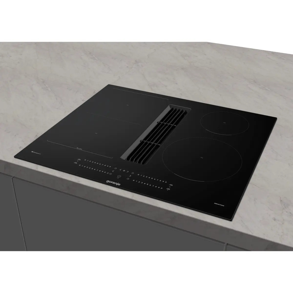 Schwarzes Gorenje Induktionskochfeld mit integriertem Dunstabzug auf einer Marmorarbeitsplatte.