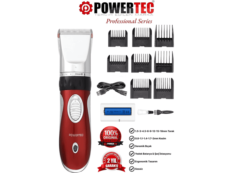 POWERTEC TR-1200 Profesyonel Saç Kesme Makinesi Kırmızı
