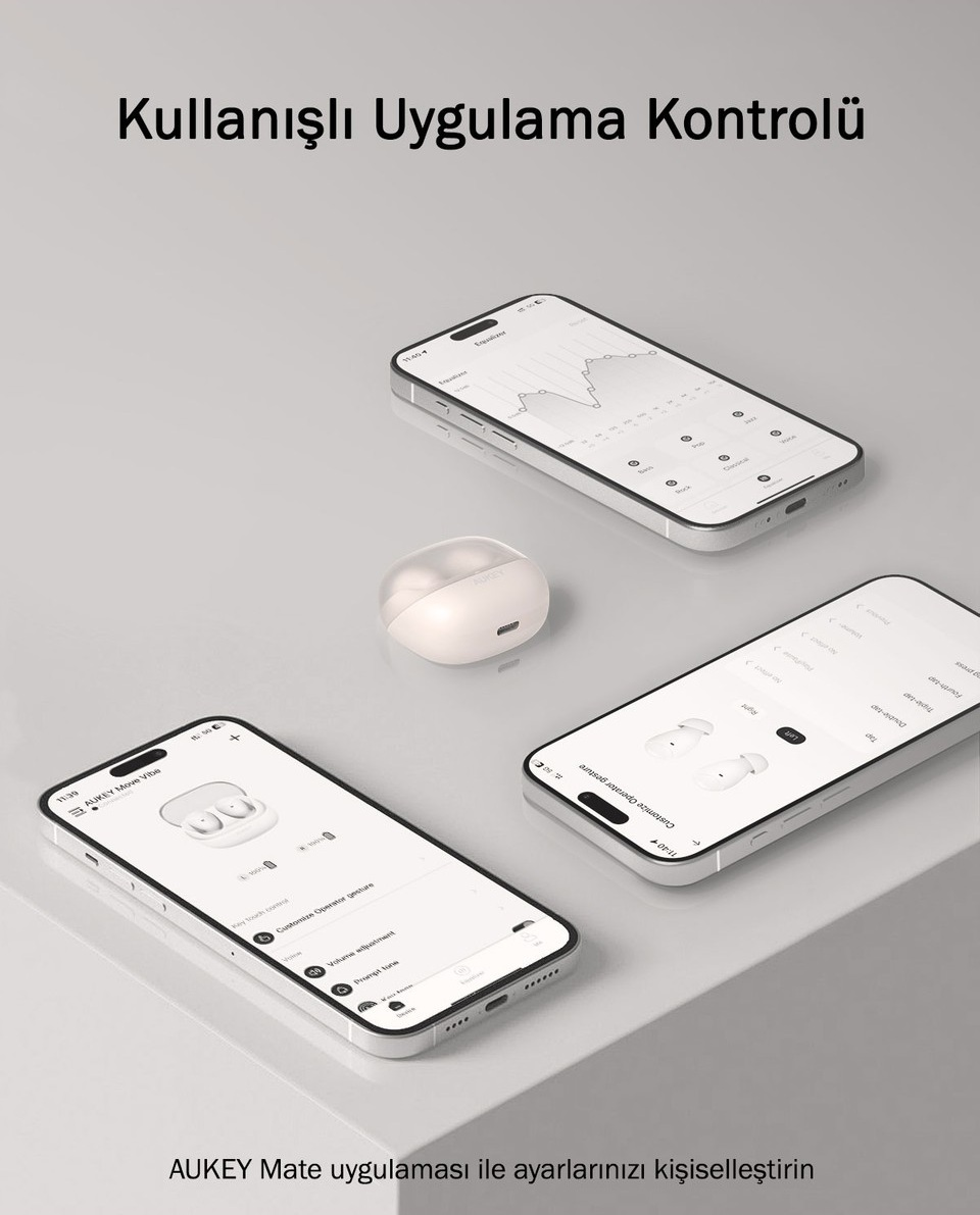 Açık renkli bir yüzeyde kulaklık kutusu ve uygulama ekranlı üç akıllı telefon.