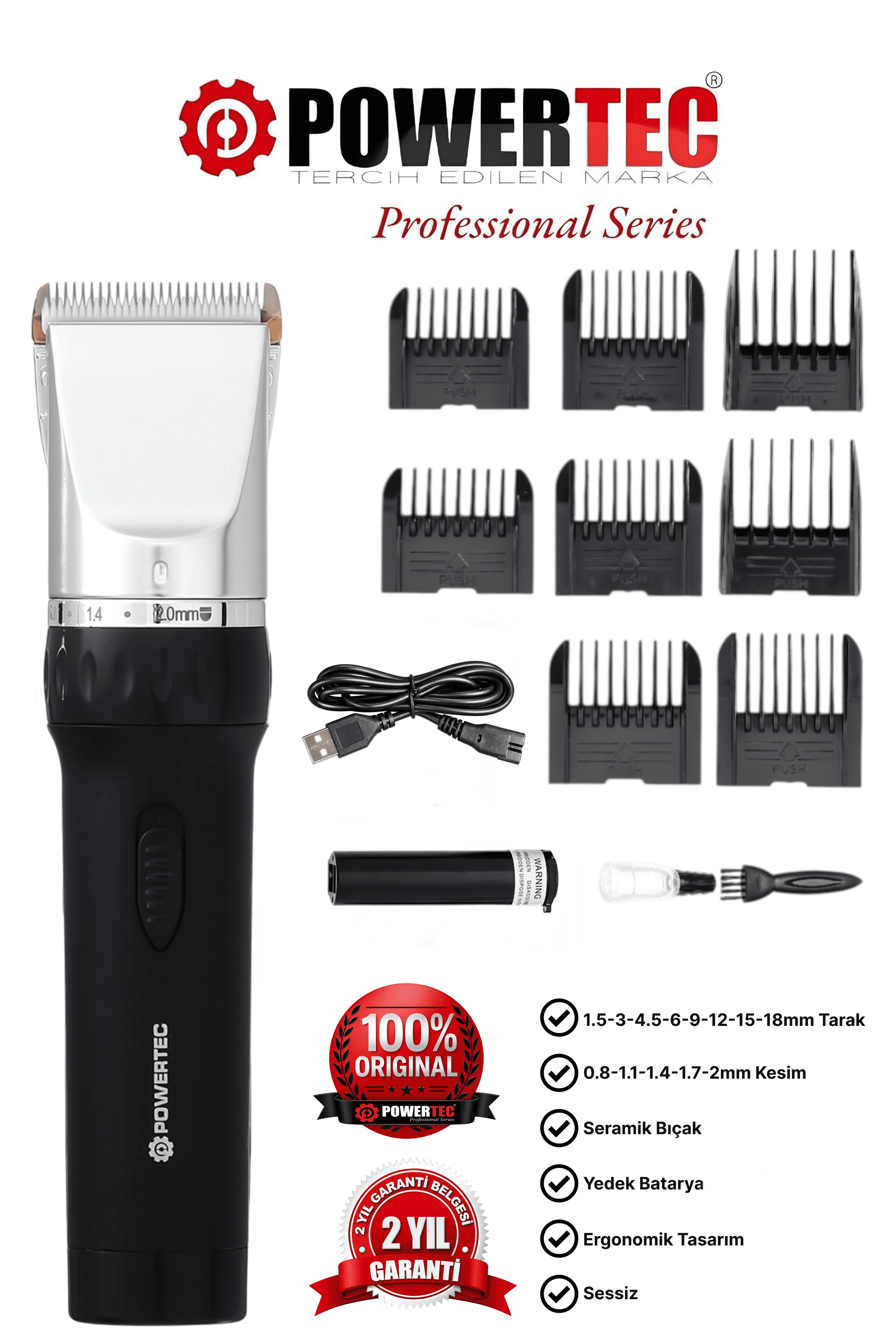 Powertec TR-800 Profesyonel Çift Bataryalı Saç ve Sakal Kesme Makinesi