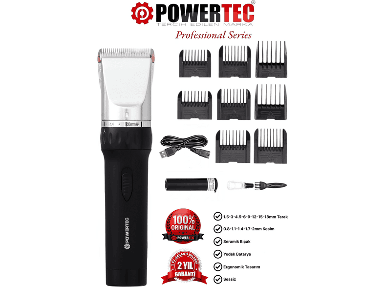 POWERTEC TR-800 Profesyonel Çift Bataryalı Saç ve Sakal Kesme Makinesi Siyah