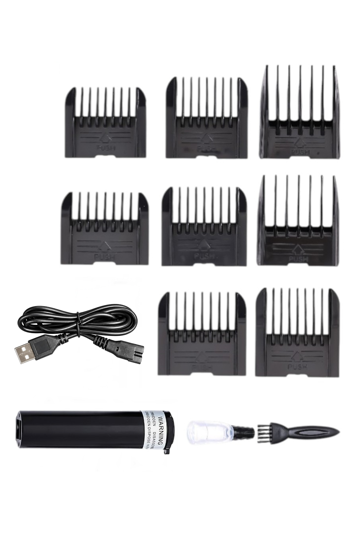 Sekiz siyah saç kesme tarağı, bir USB kablosu, siyah bir şişe, yağ şişesi ve küçük bir temizleme fırçası.