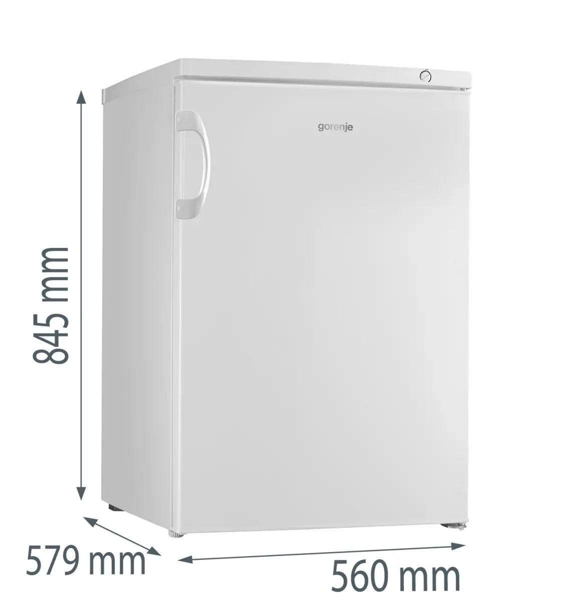 Kleiner weißer Gorenje-Kühlschrank mit Abmessungen von 845 mm Höhe, 560 mm Breite und 579 mm Tiefe.