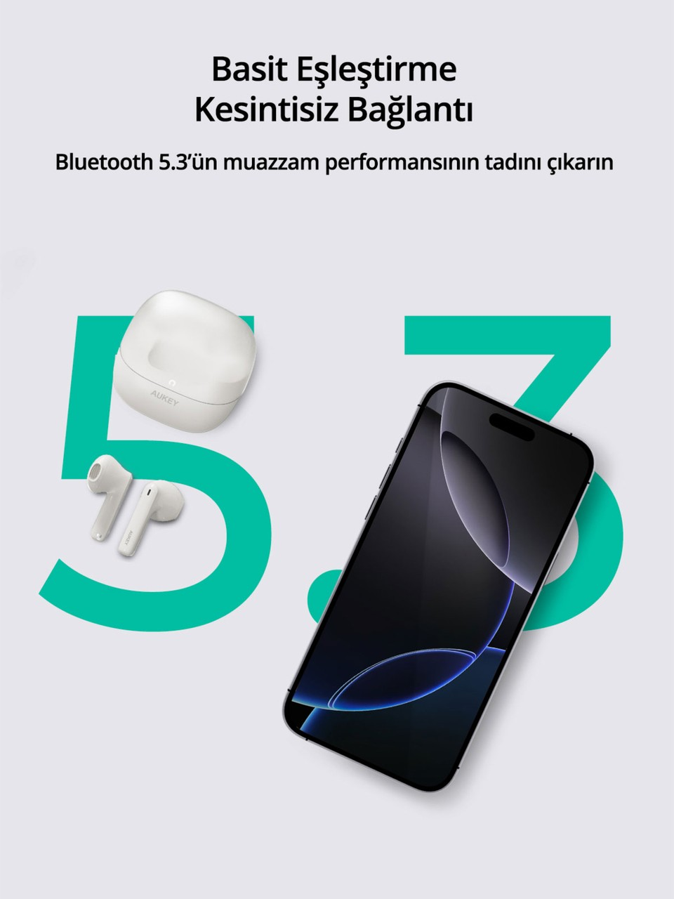 Büyük yeşil 5.3 sayısı üzerinde kablosuz kulaklık, şarj kutusu ve akıllı telefon gösteren tanıtım görseli.