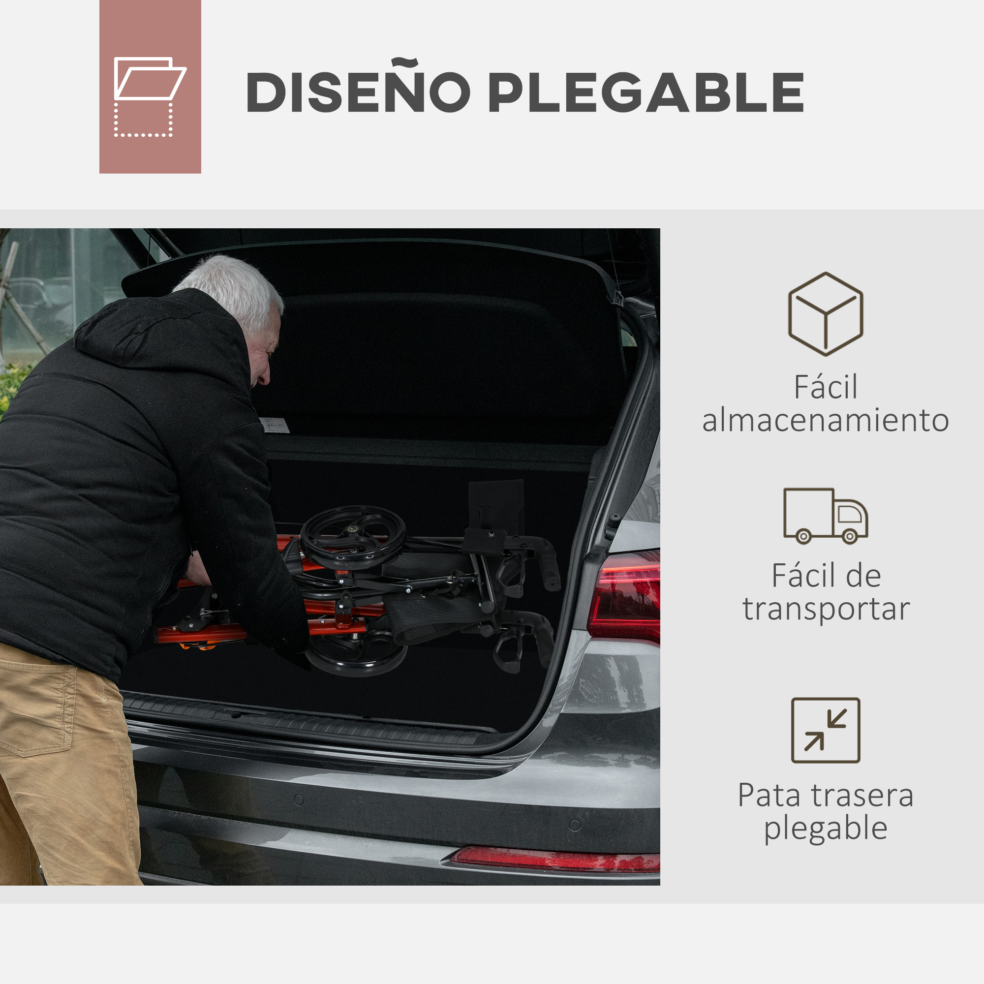 Un hombre carga un andador plegable en el maletero de un coche, junto con iconos de fácil almacenamiento y transporte.