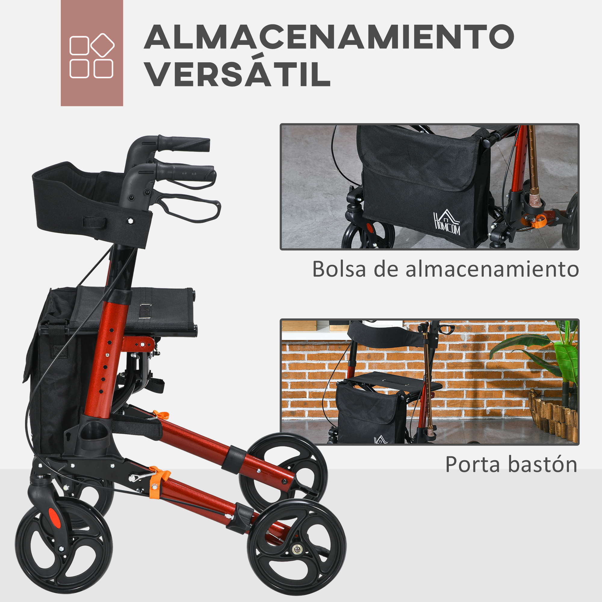 Un andador rojo con asiento negro, bolsa de almacenamiento y portabastón, detallado con imágenes.