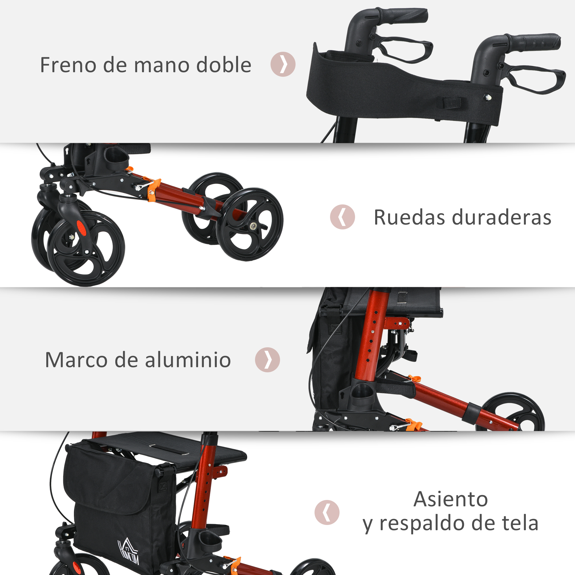 Cuatro paneles que muestran características de un andador rojo: frenos, ruedas duraderas, chasis y asiento.