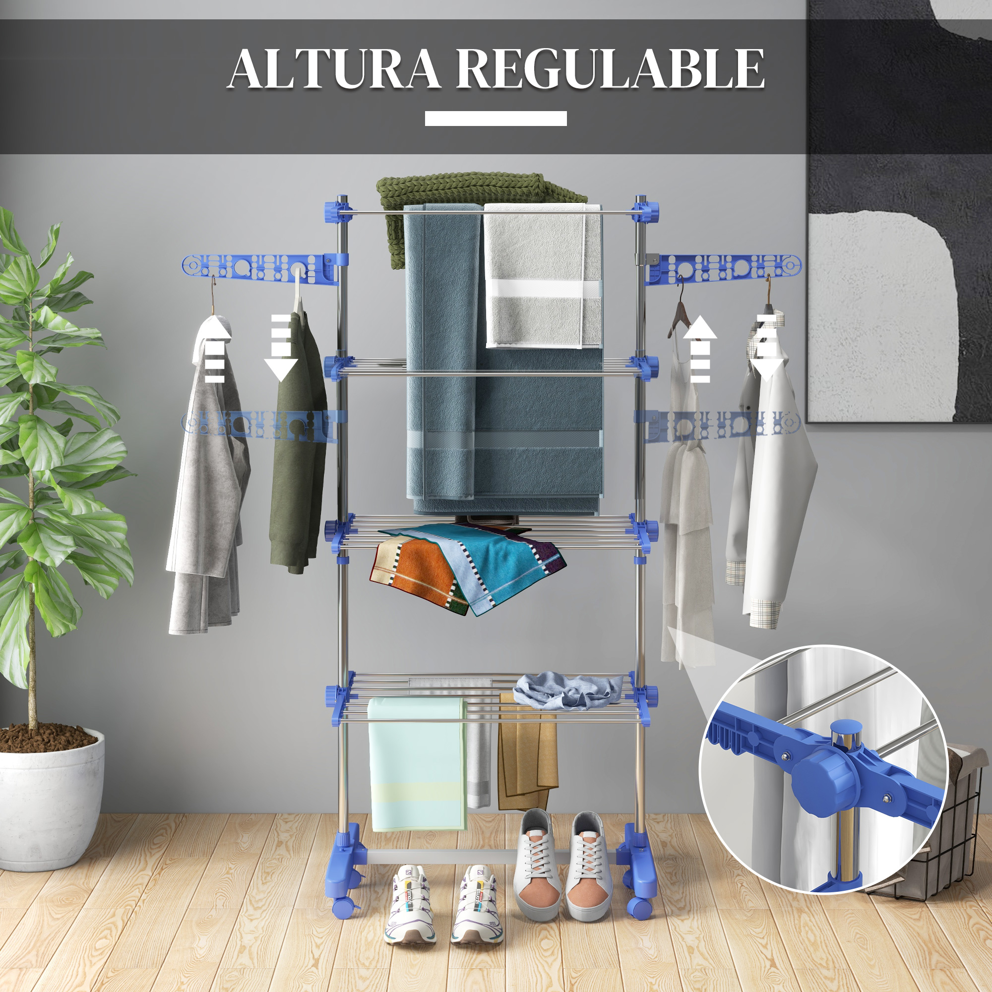 Un tendedero azul de varios niveles con ropa, toallas y zapatos en una habitación.