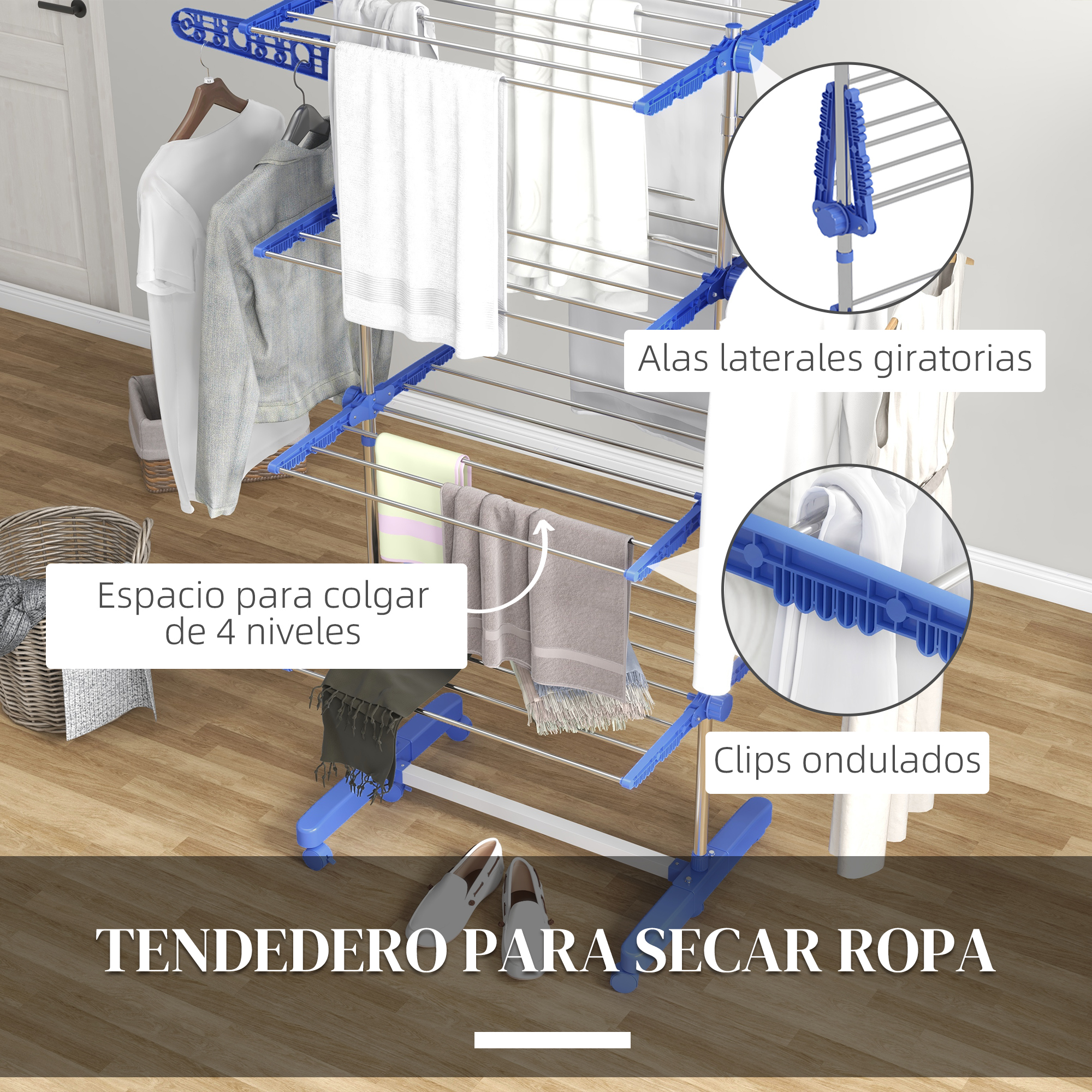 Tendedero azul de varios niveles con ropa colgando, toallas y círculos explicativos.
