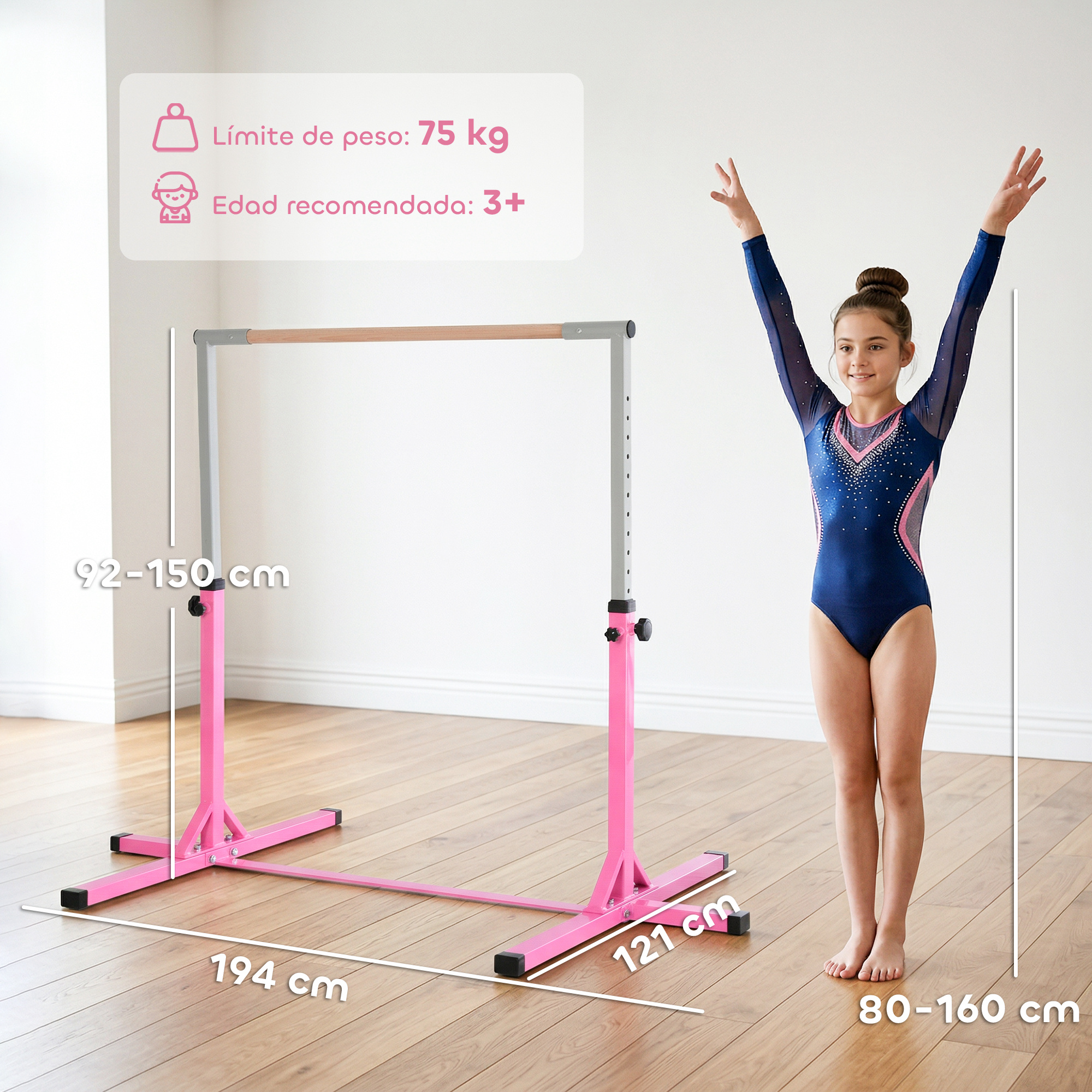 Una niña en maillot está de pie junto a una barra de gimnasia rosa ajustable con medidas dimensionales.