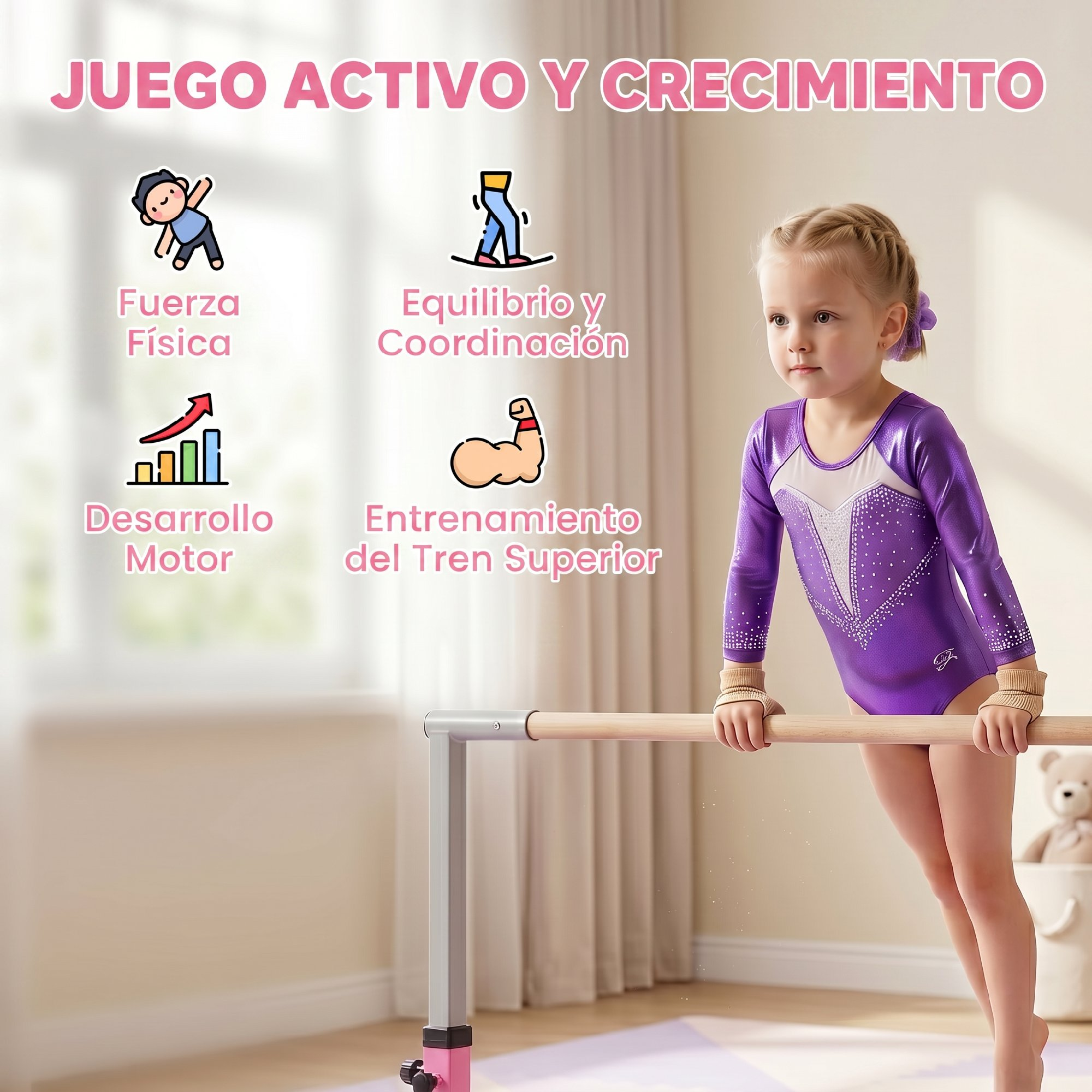 Niña con maillot morado en barra de gimnasia con infografías sobre desarrollo y juego.