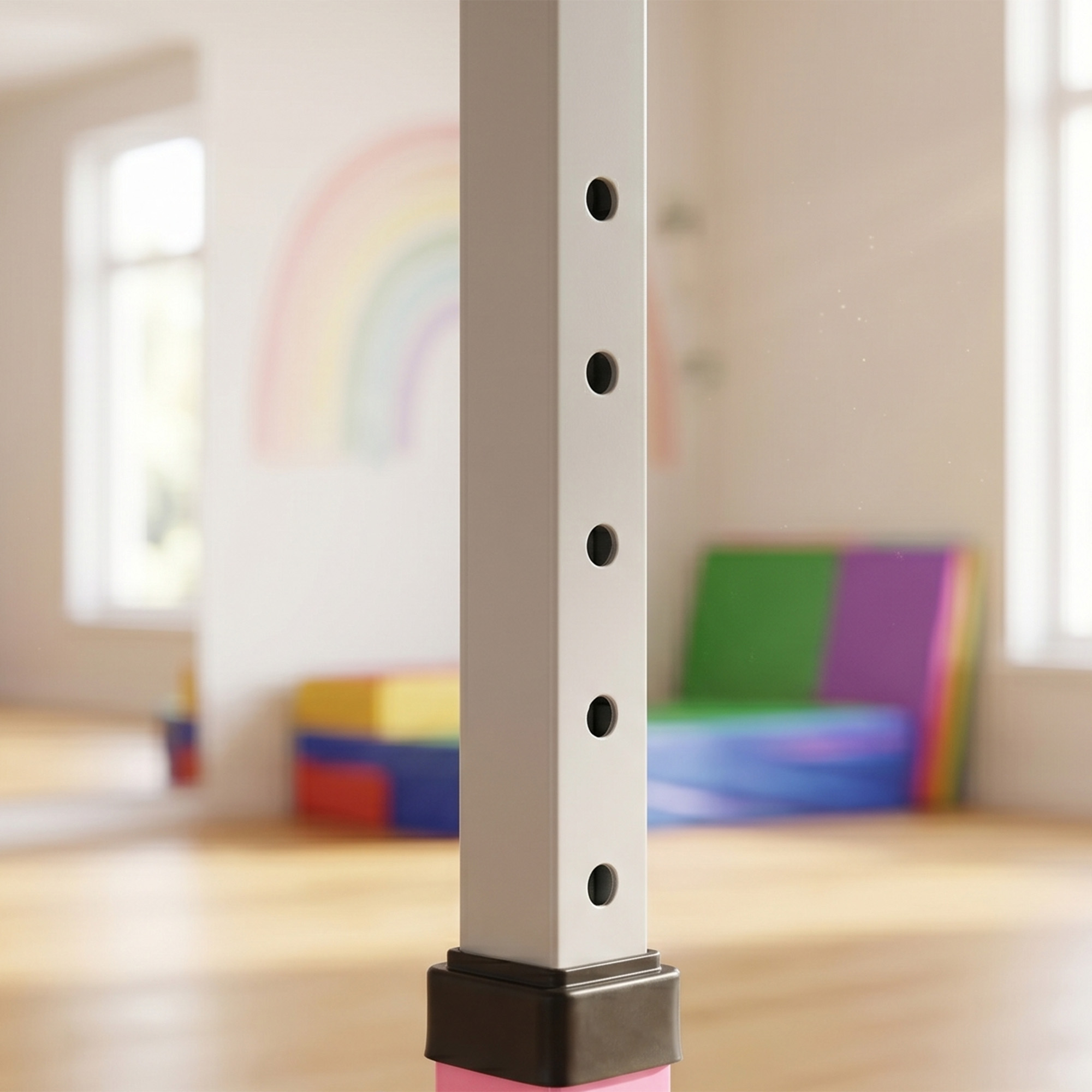 Primer plano de un poste metálico blanco vertical con agujeros, en una sala de juegos con esteras y un arco iris.