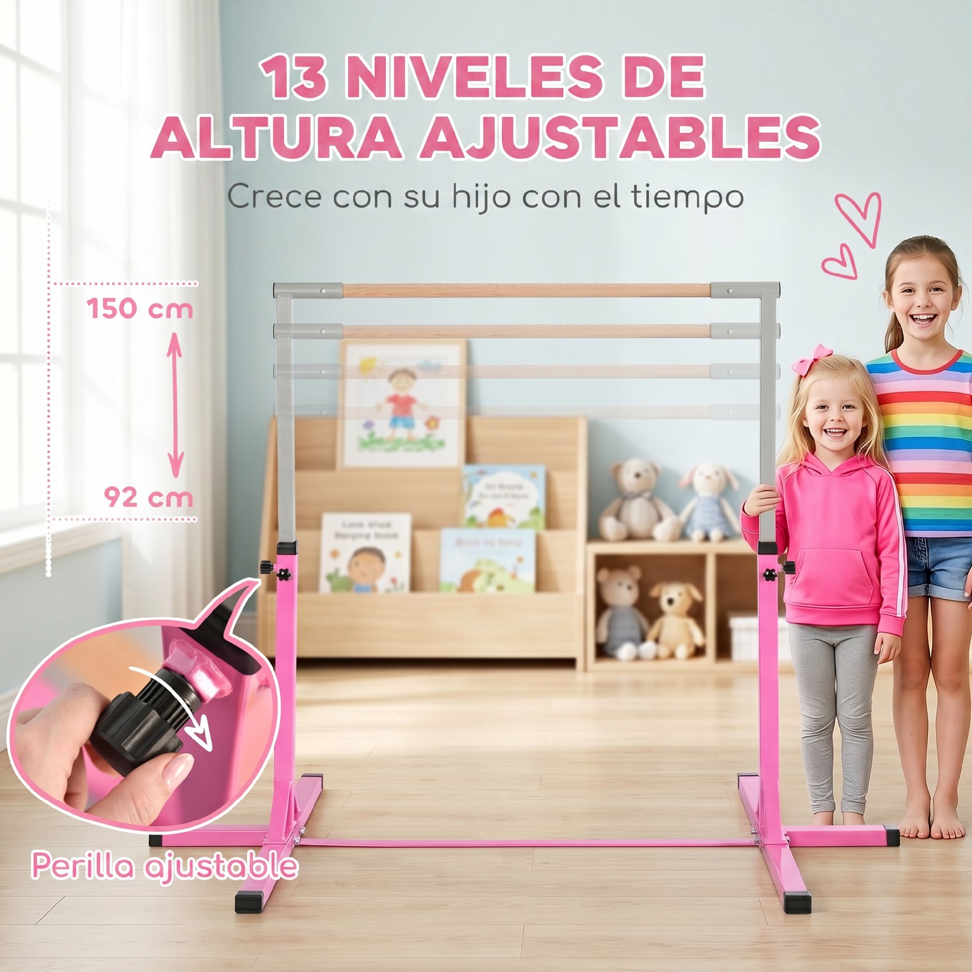 Barra de gimnasia ajustable rosa y gris con dos niñas sonrientes al lado en una habitación luminosa.