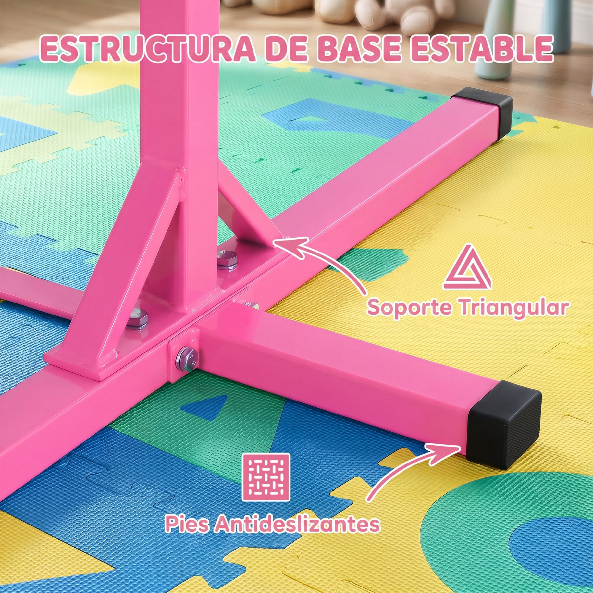 Estructura de base estable rosa con soportes triangulares y pies antideslizantes sobre esteras de espuma.