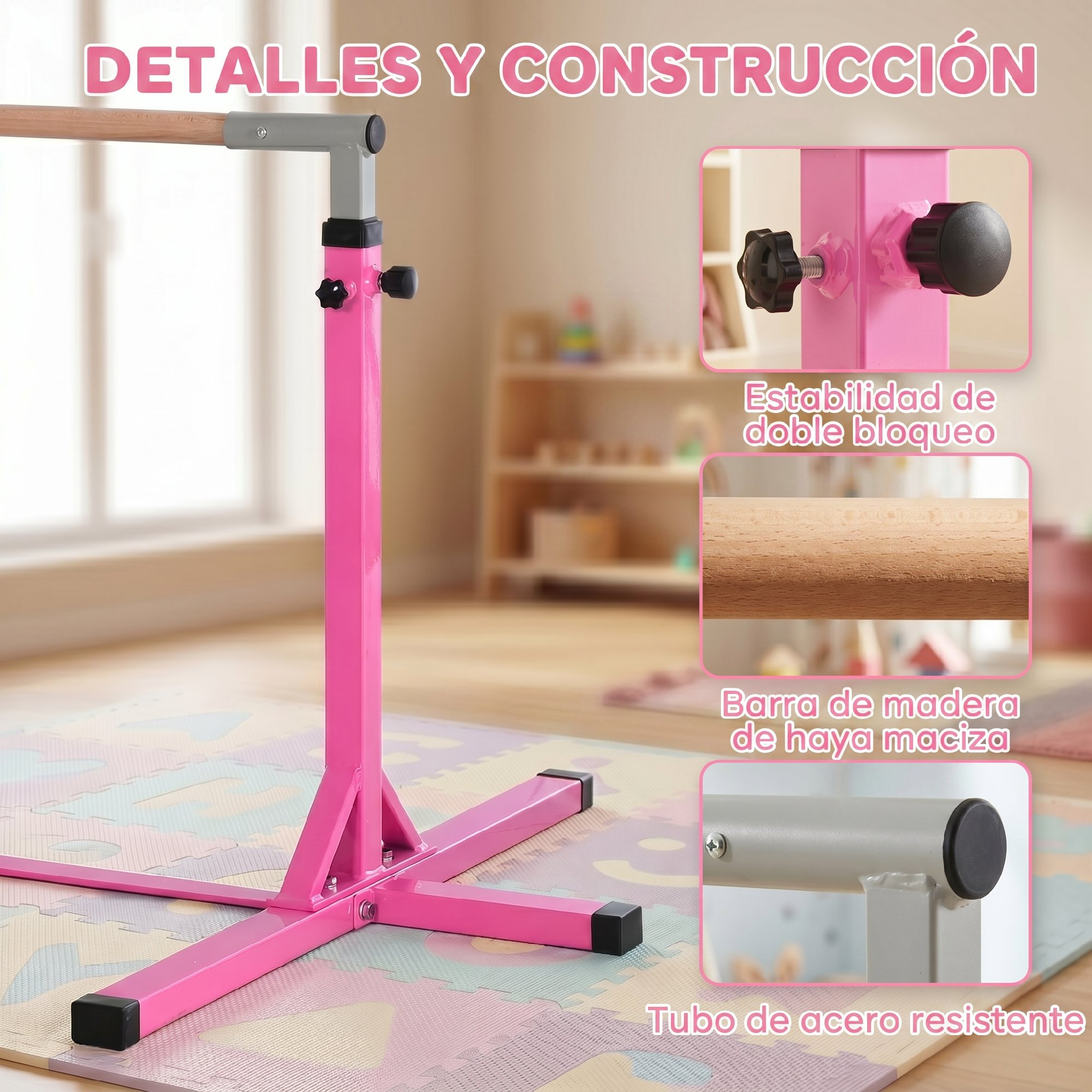 Barra de gimnasia rosa para niños con barra de madera y doble bloqueo en una alfombra.