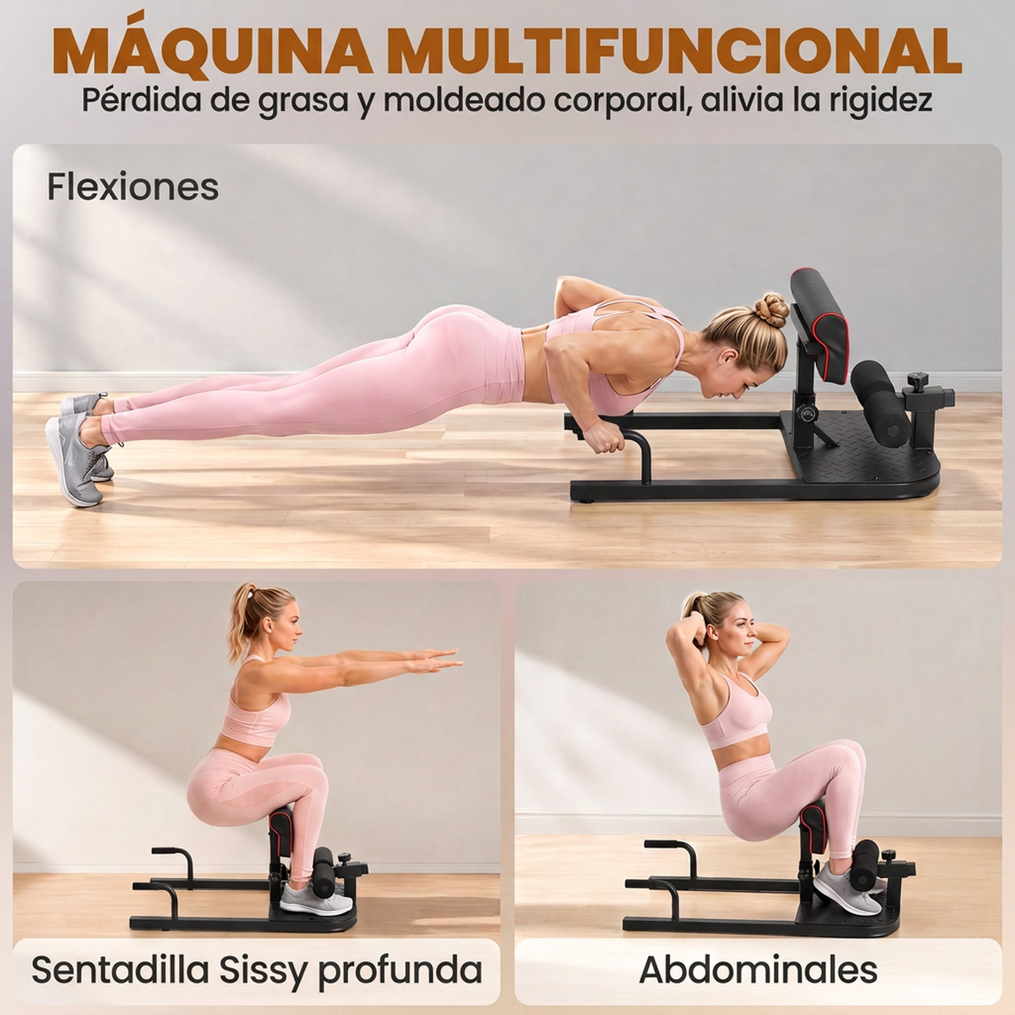 Una mujer en ropa deportiva rosa hace flexiones, sentadillas y abdominales usando una máquina multifuncional.