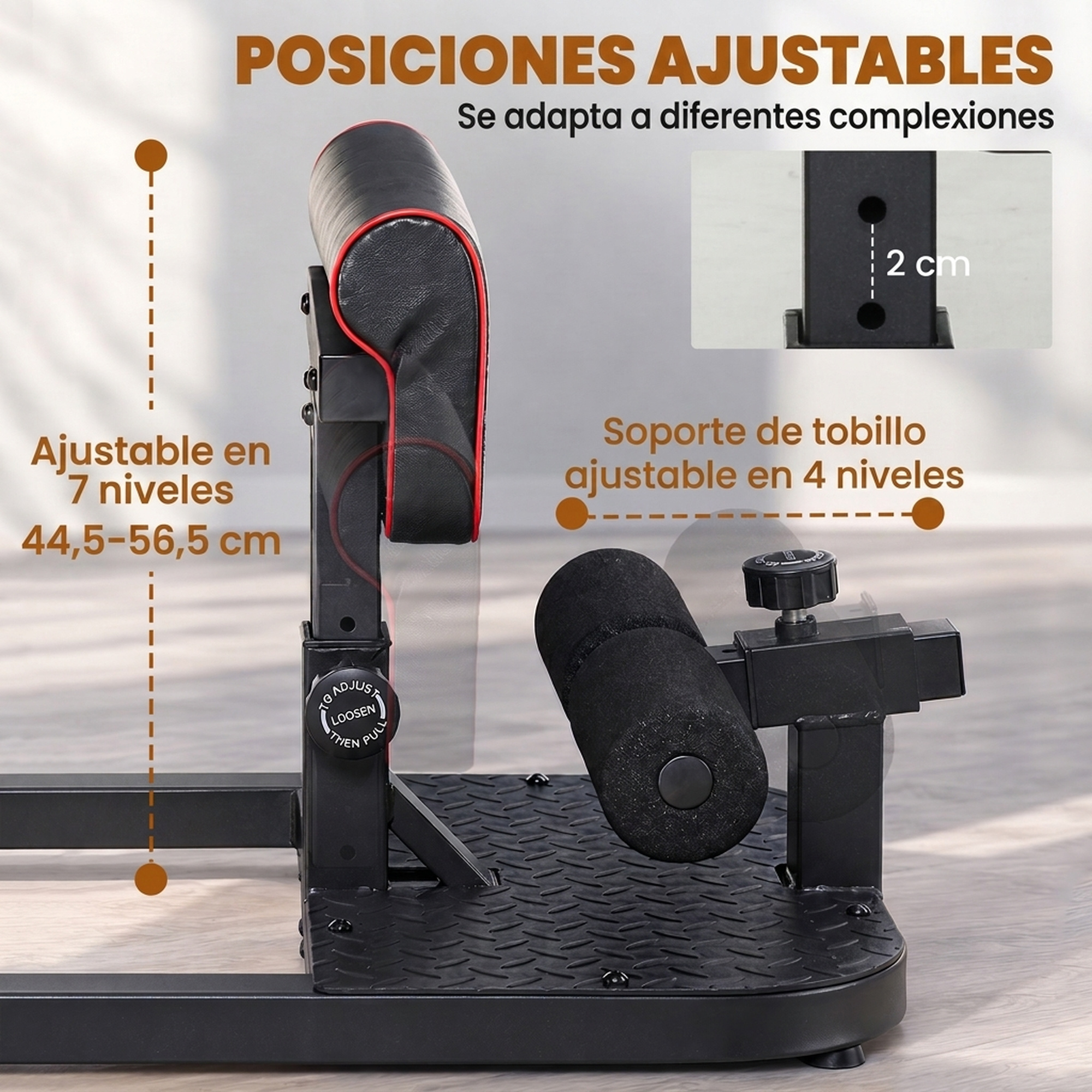 Máquina de sentadillas sissy ajustable con soportes acolchados en suelo de madera.