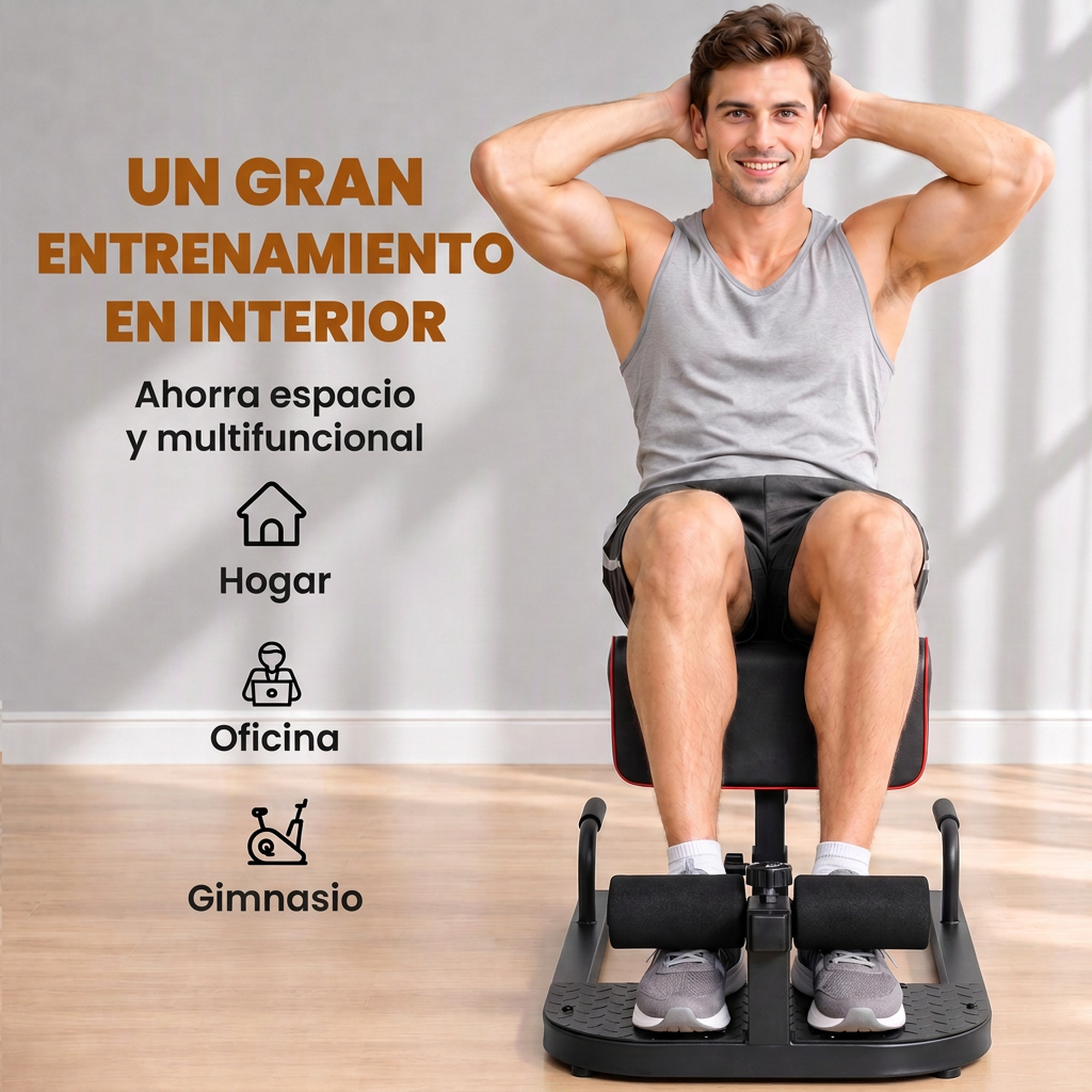 Un hombre se sienta en un banco de entrenamiento interior con texto.