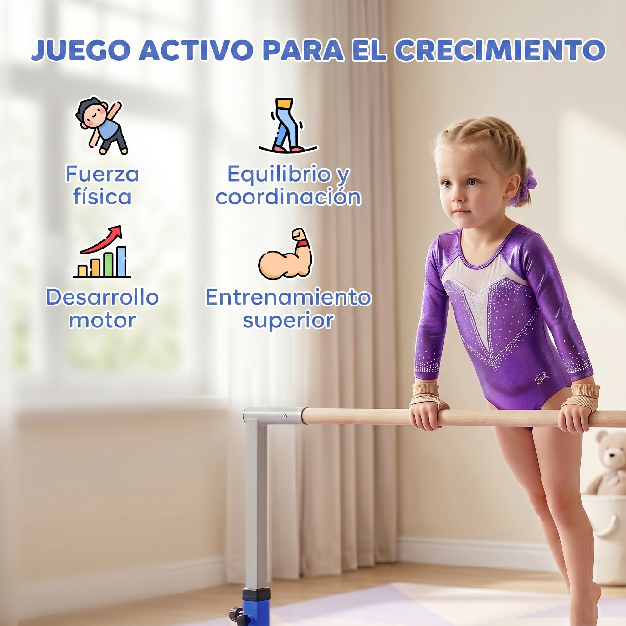 Niña en maillot morado sosteniendo una barra de gimnasia, con cuatro iconos a la izquierda.