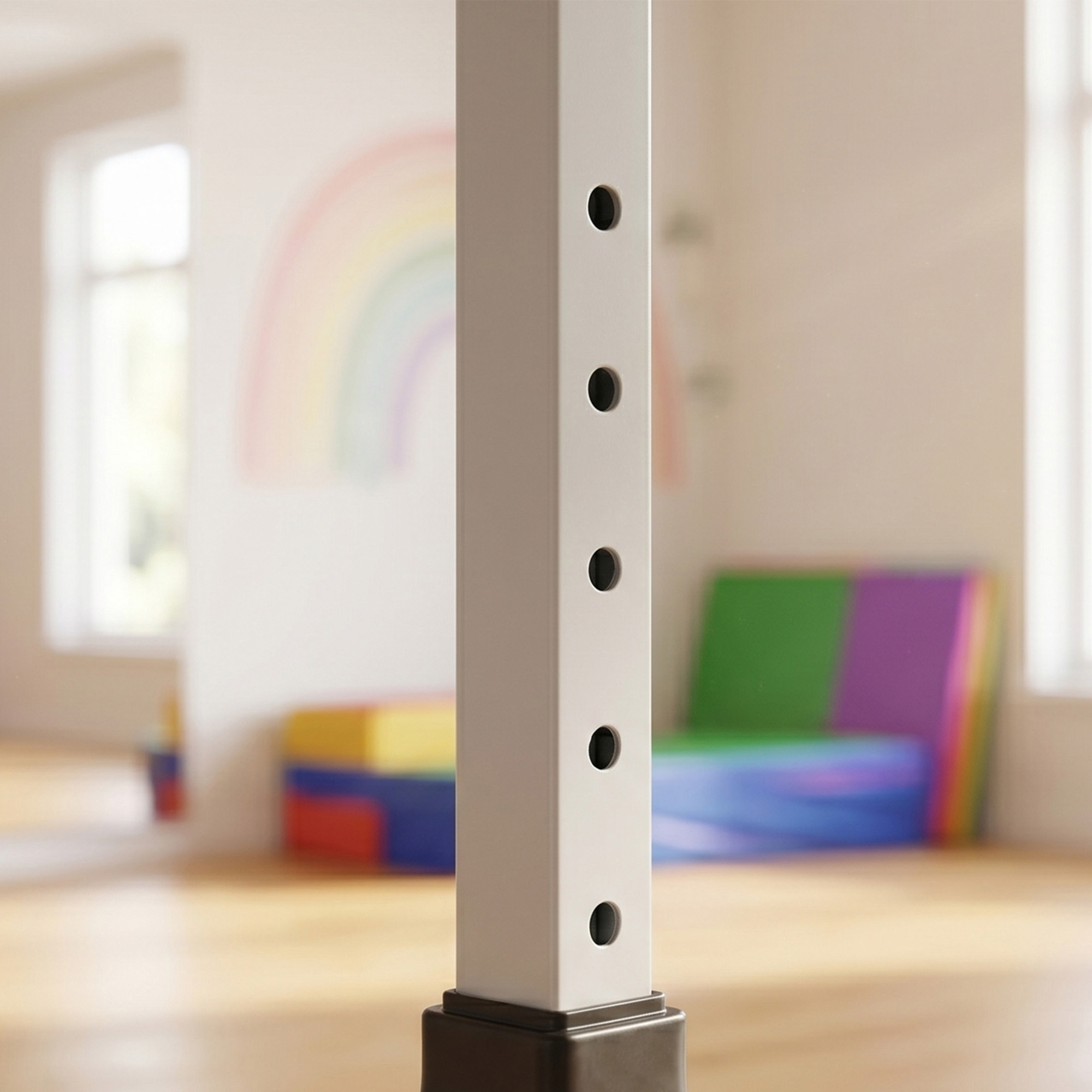 Una barra de metal blanca con agujeros está en primer plano ante una habitación colorida.