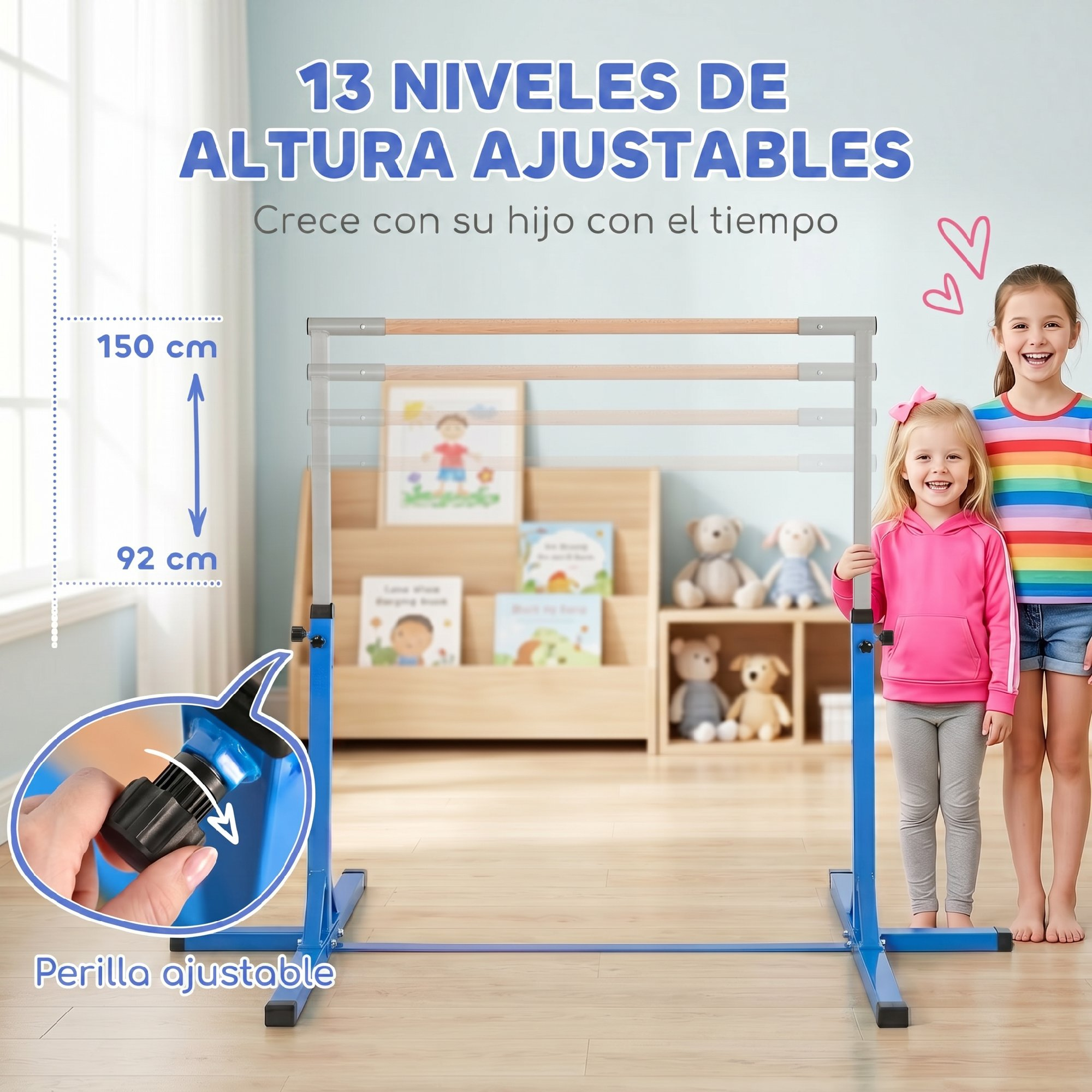 Barra de gimnasia ajustable con dos niñas sonrientes y detalles de ajuste.