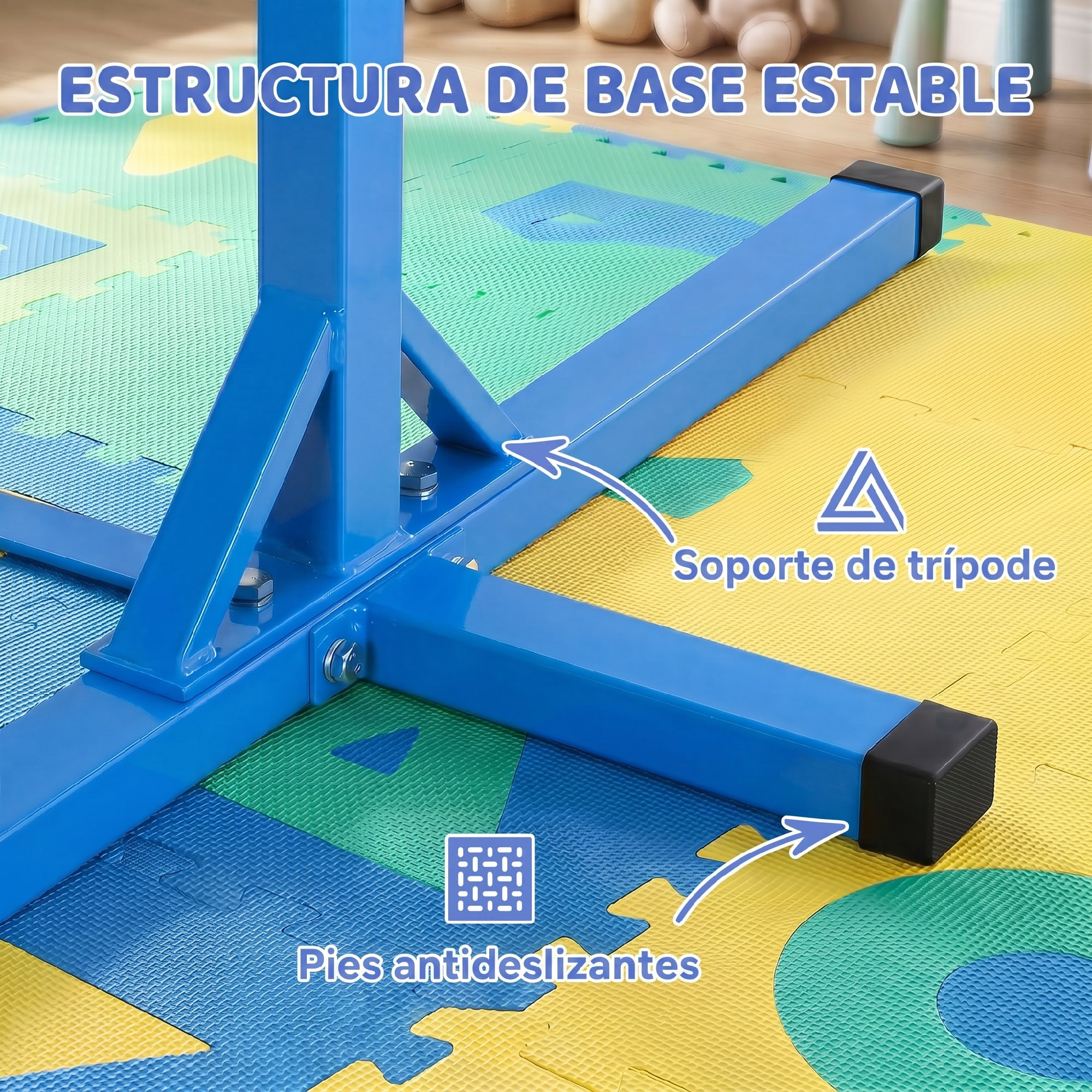 Base de metal azul con pies de goma antideslizantes sobre alfombra de espuma.