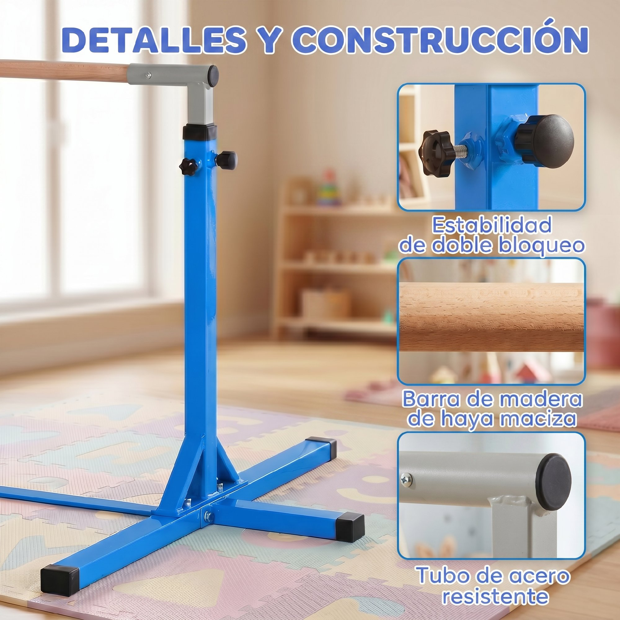 Barra de gimnasia azul con barra de madera y detalles de doble bloqueo, madera y tubo de acero.