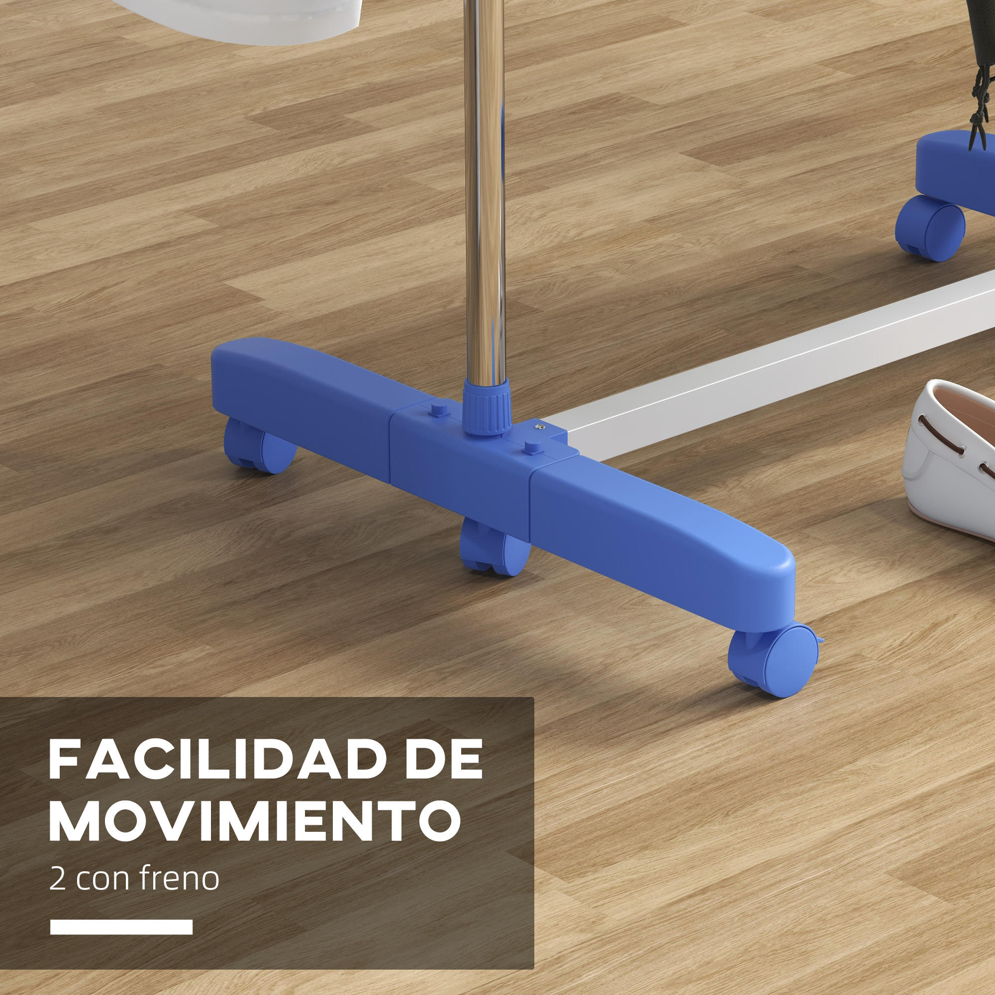 Primer plano de una base azul con ruedas de un equipo médico en un suelo de madera.