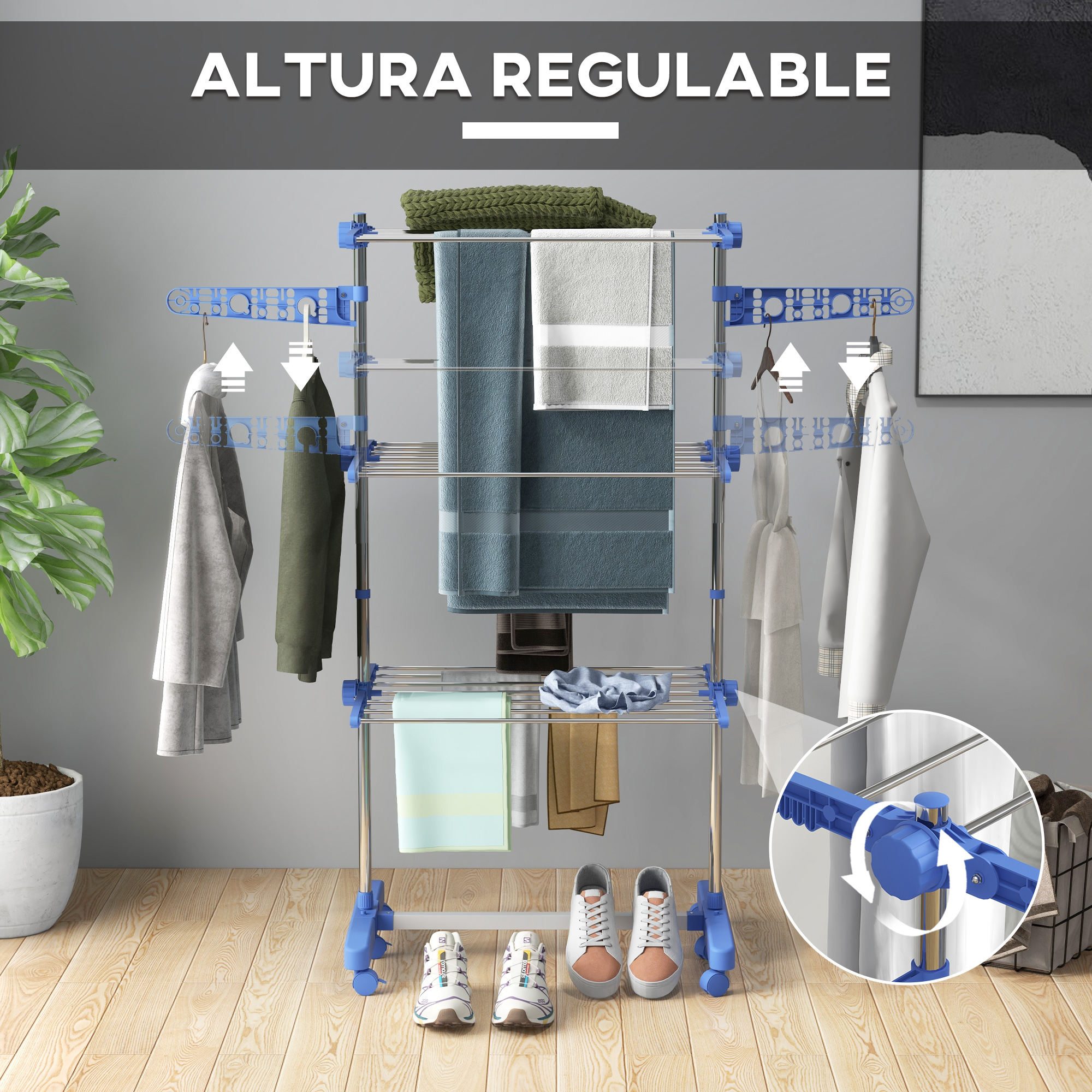 Un tendedero de ropa azul y plateado con ropa, toallas y zapatos.