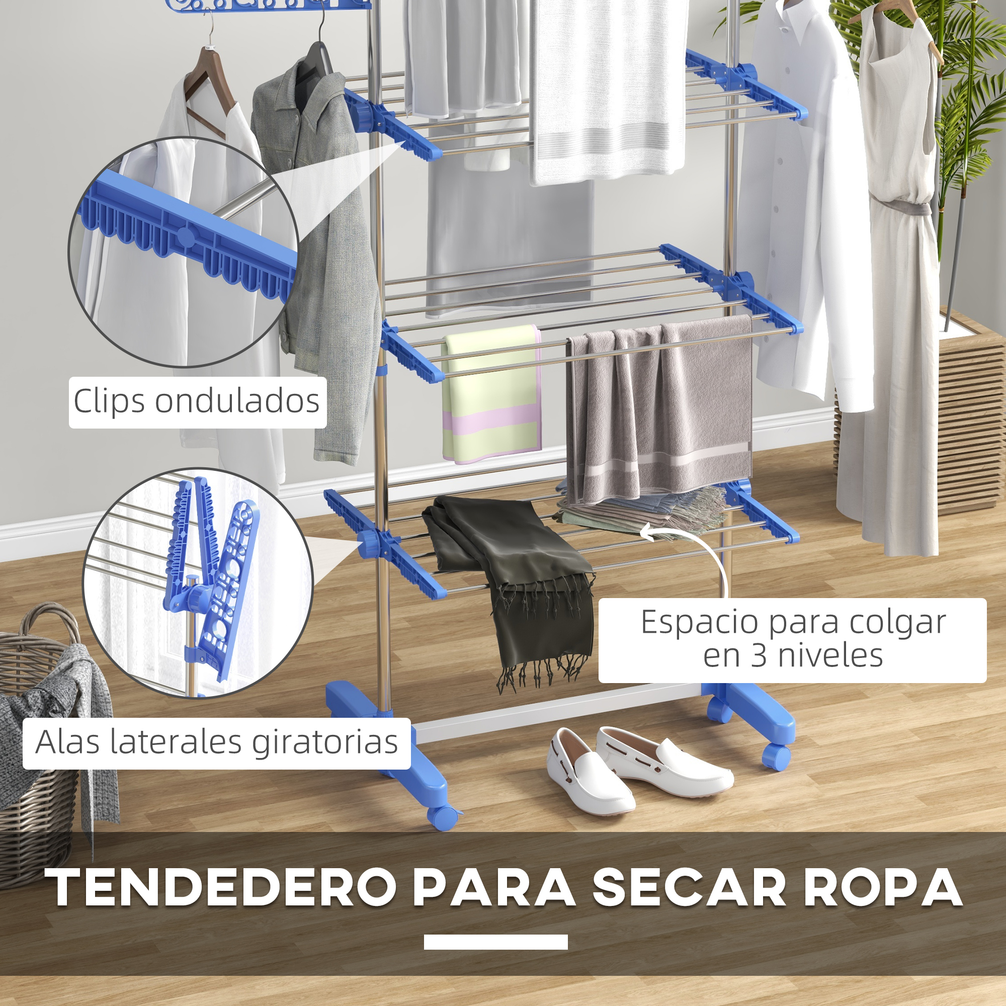 Tendedero de tres niveles con detalles azules y ropa colgada.