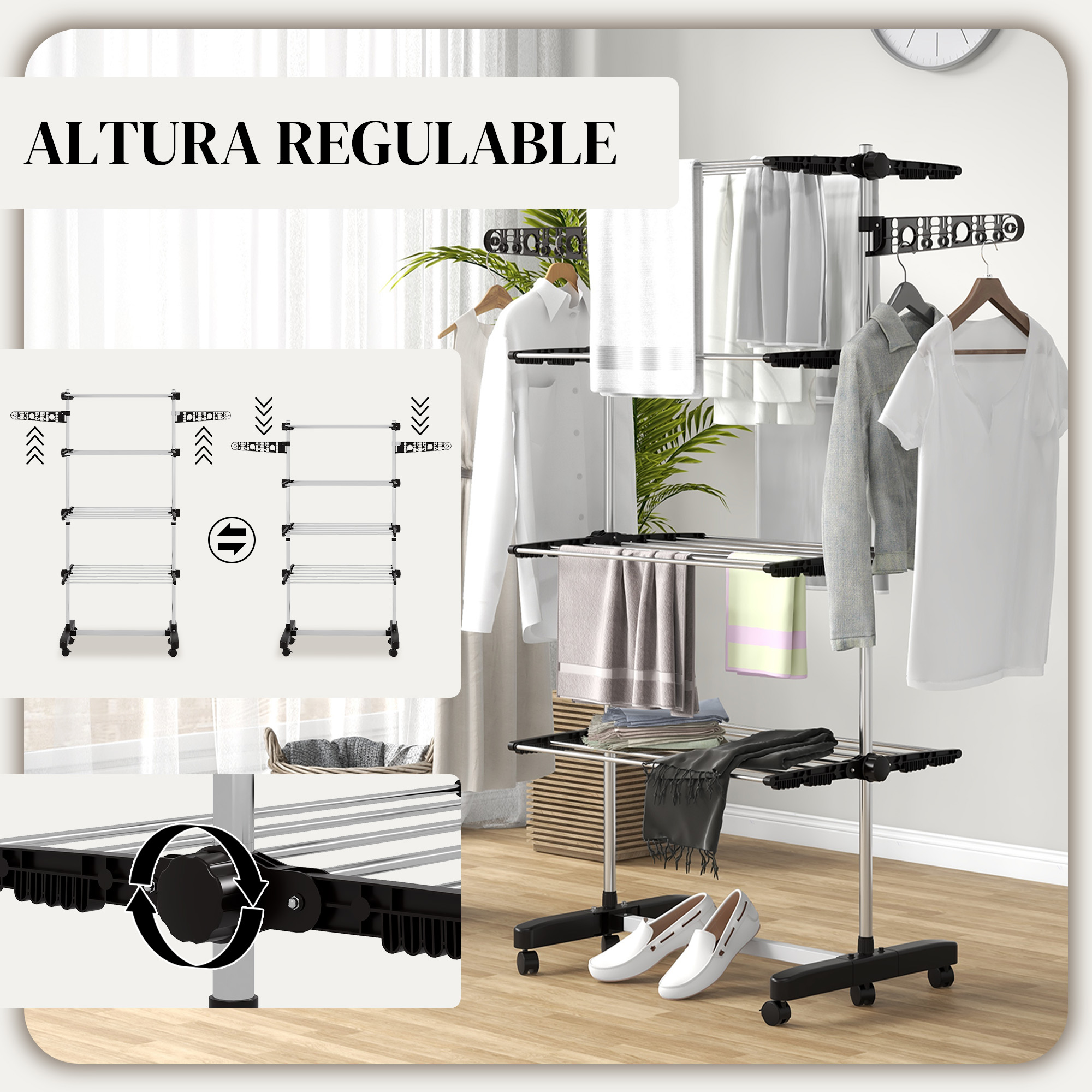 Un tendedero de metal de varios niveles con ropa, toallas y zapatos colgados.