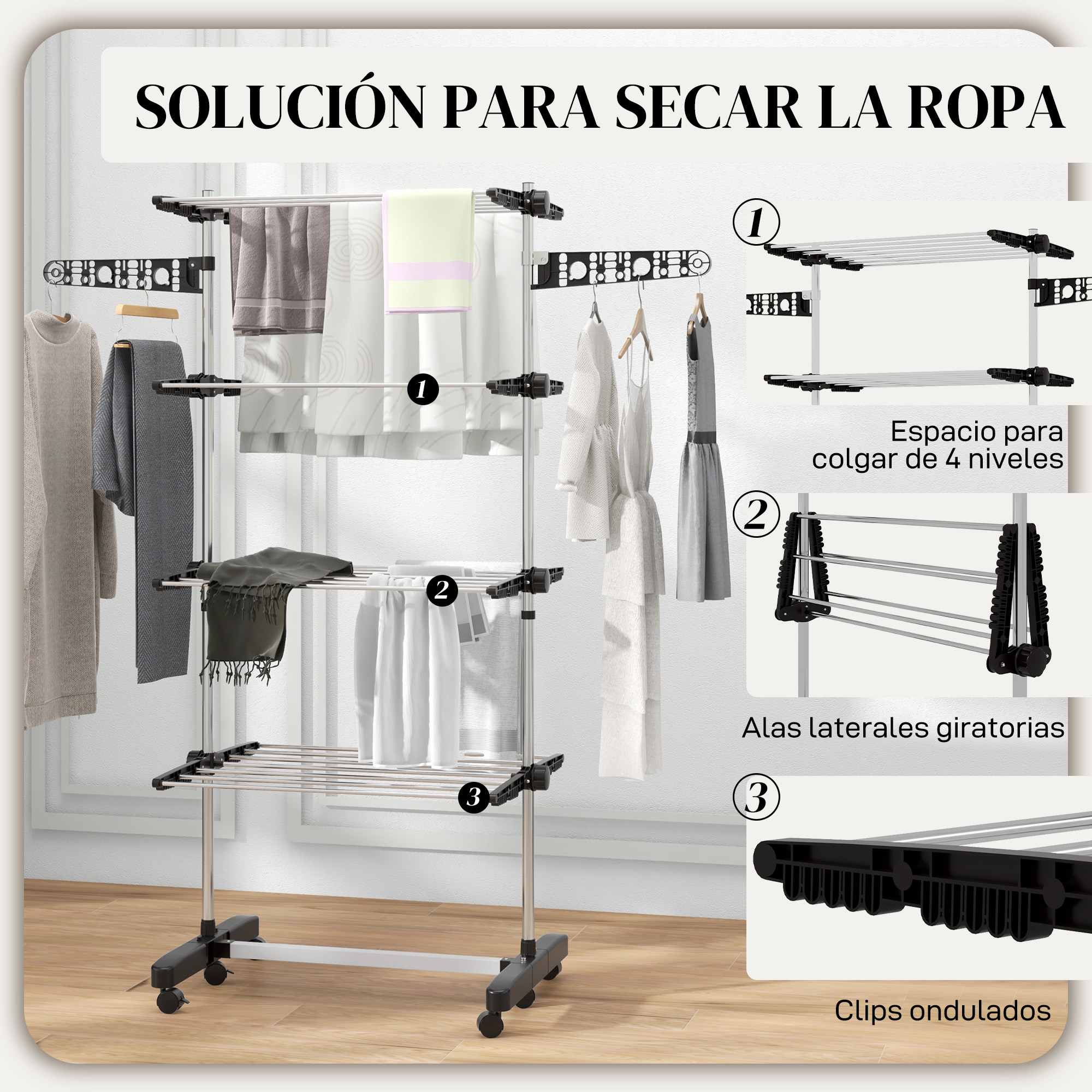 Tendedero de ropa de metal de varios niveles con ropa, perchas y alas laterales en suelo de madera.
