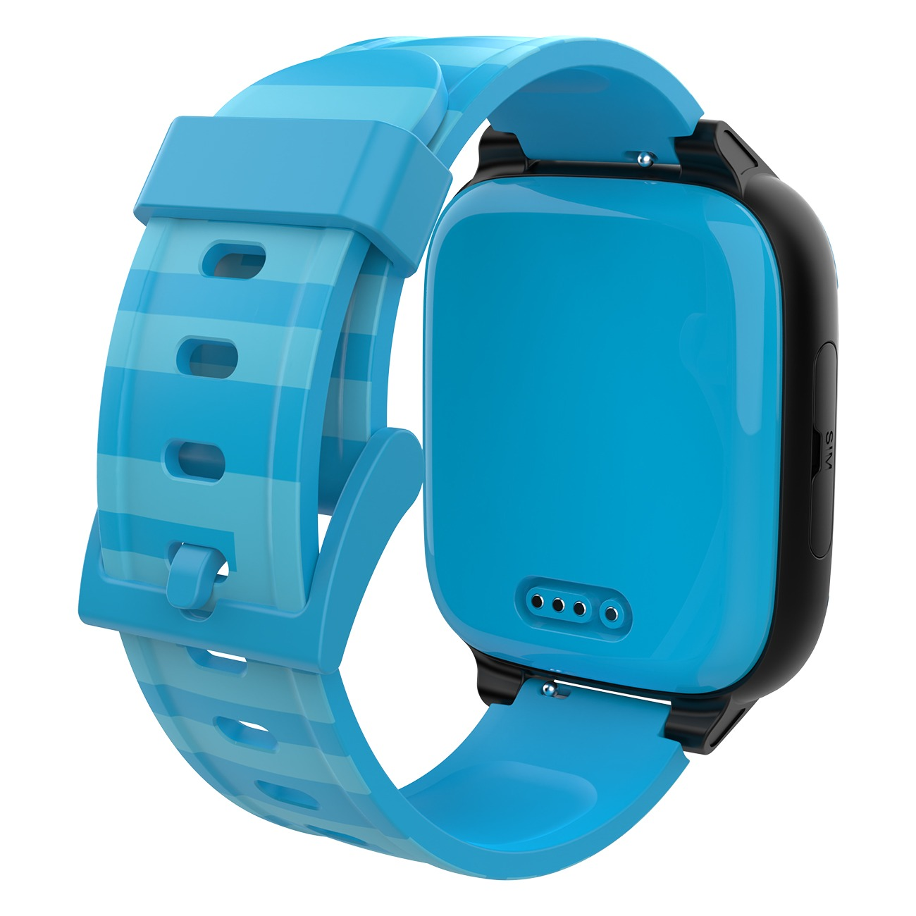Blaue Kinder-Smartwatch mit gestreiftem Armband und quadratischem Gehäuse.