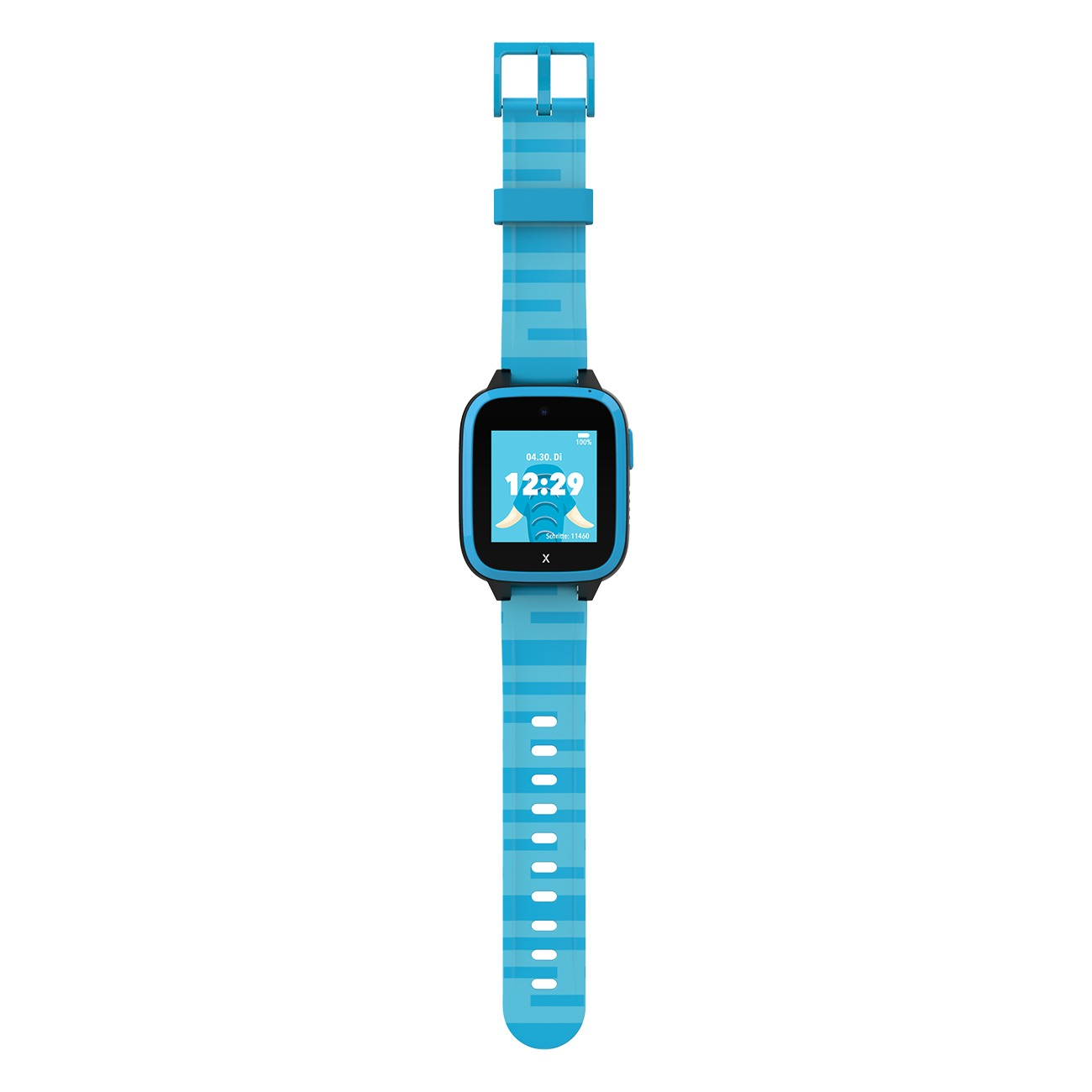 Blaue Kinder-Smartwatch mit gestreiftem Armband und Elefanten-Display.