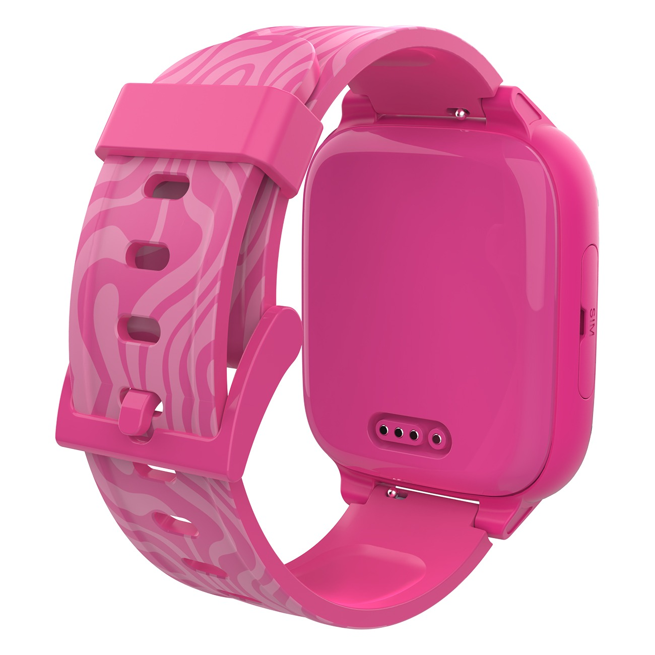 Eine rosa Smartwatch mit gemustertem Armband und Ladeanschluss auf der Rückseite vor weißem Hintergrund.