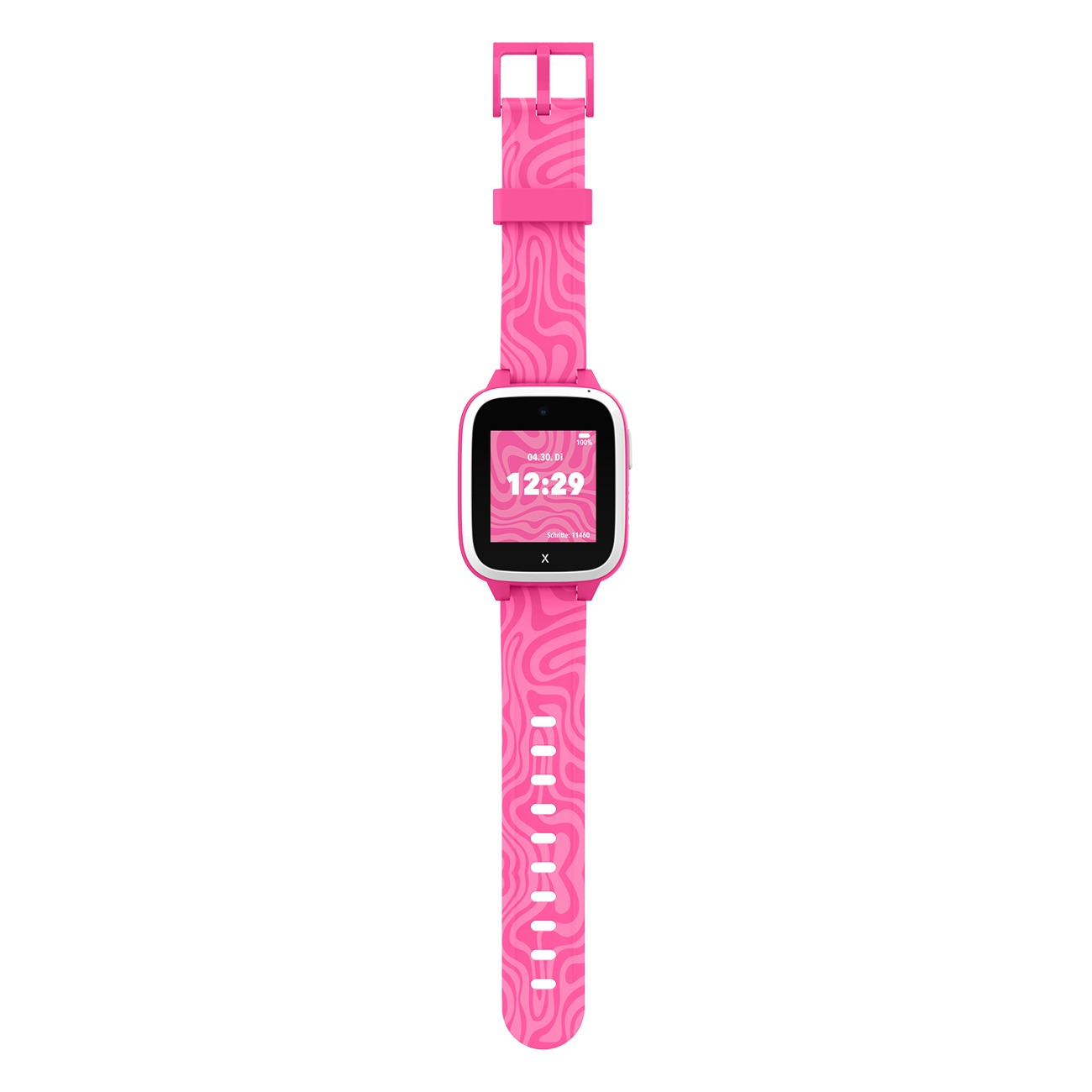 Eine pinke Kinder-Smartwatch mit welligem Muster, weißem Gehäuse und digitalem Display auf weißem Hintergrund.