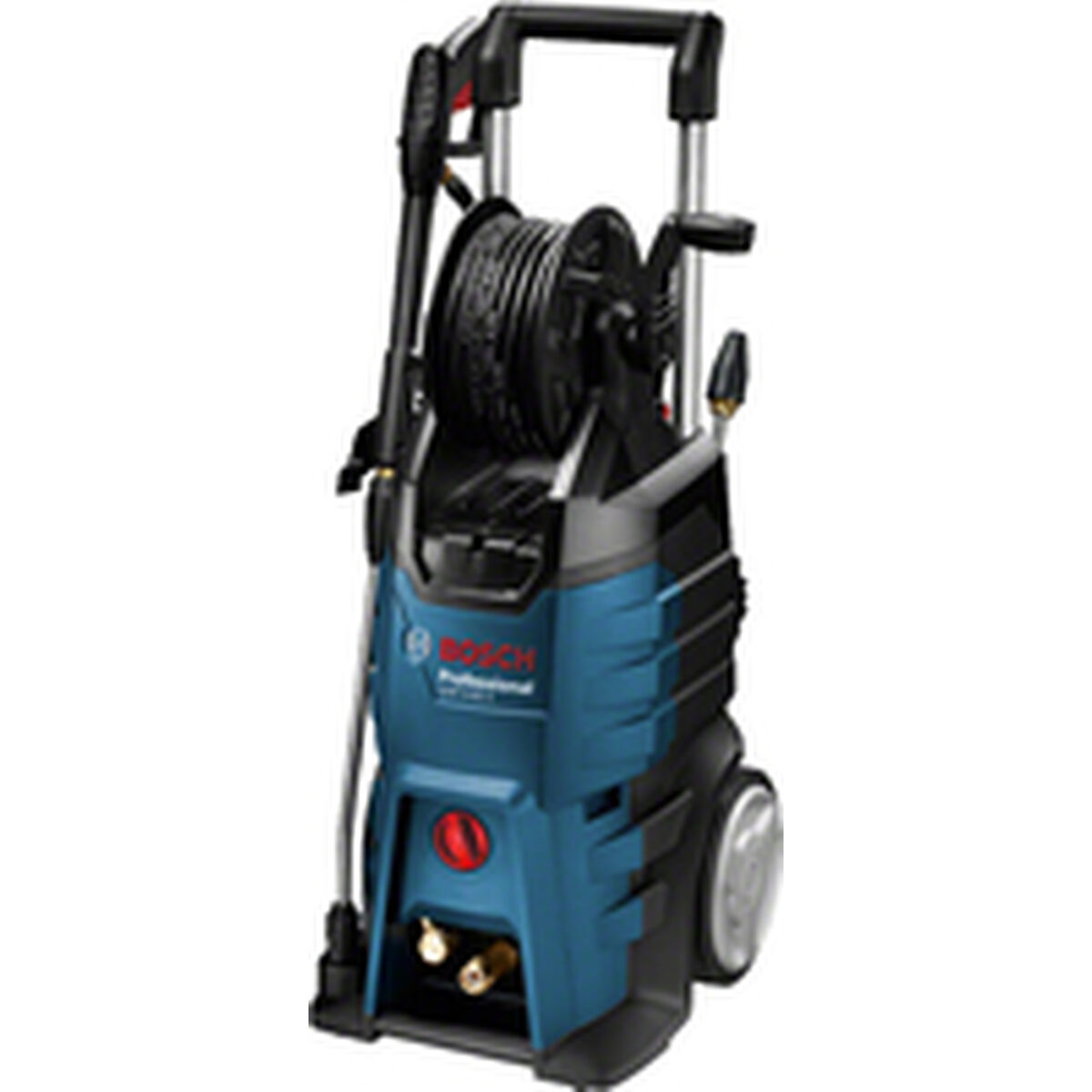 Idropulitrice Bosch blu e nera con ruote, maniglia e tubo flessibile avvolto.