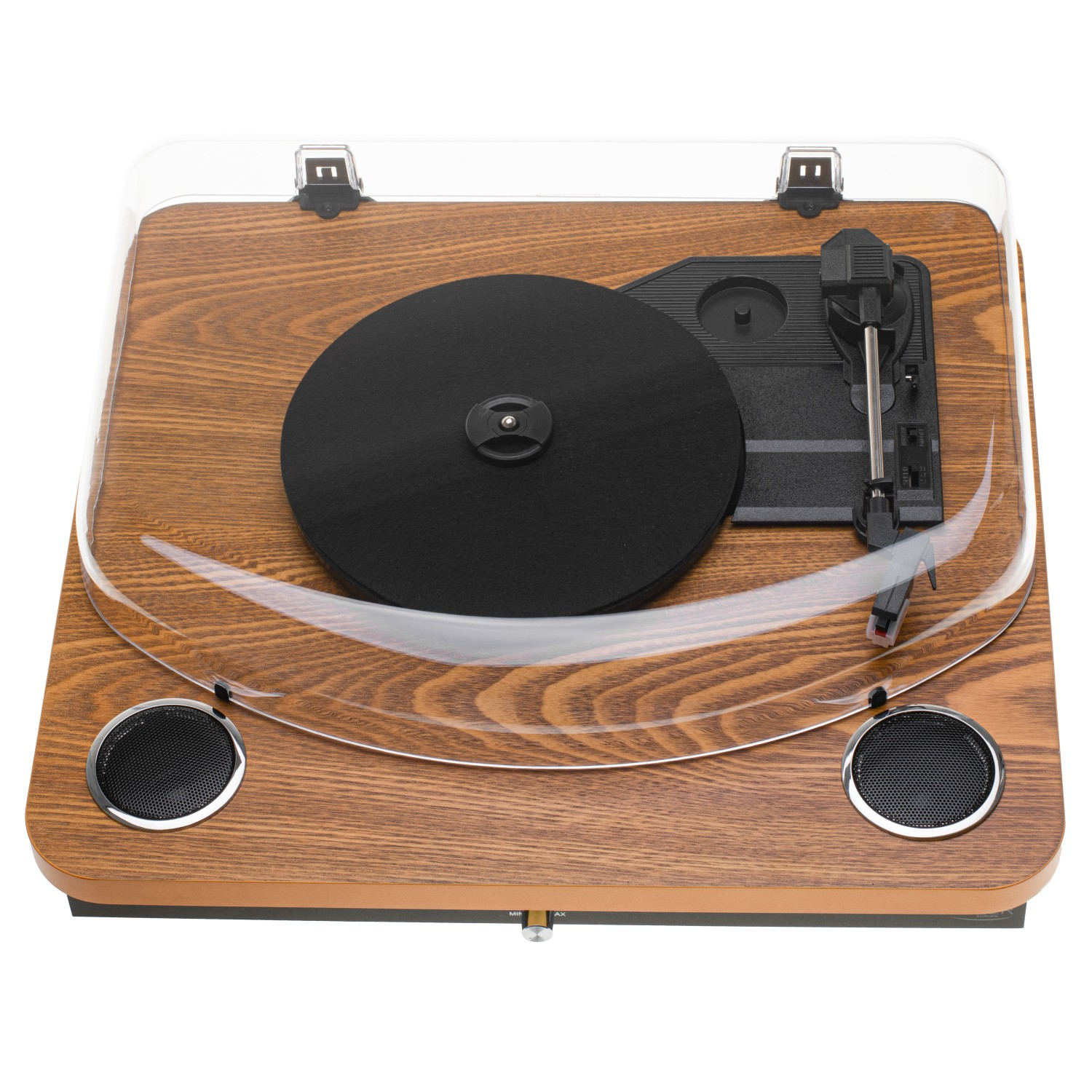 Gramofon o wyglądzie drewna z wbudowanymi głośnikami i przezroczystą osłoną przeciwpyłową.