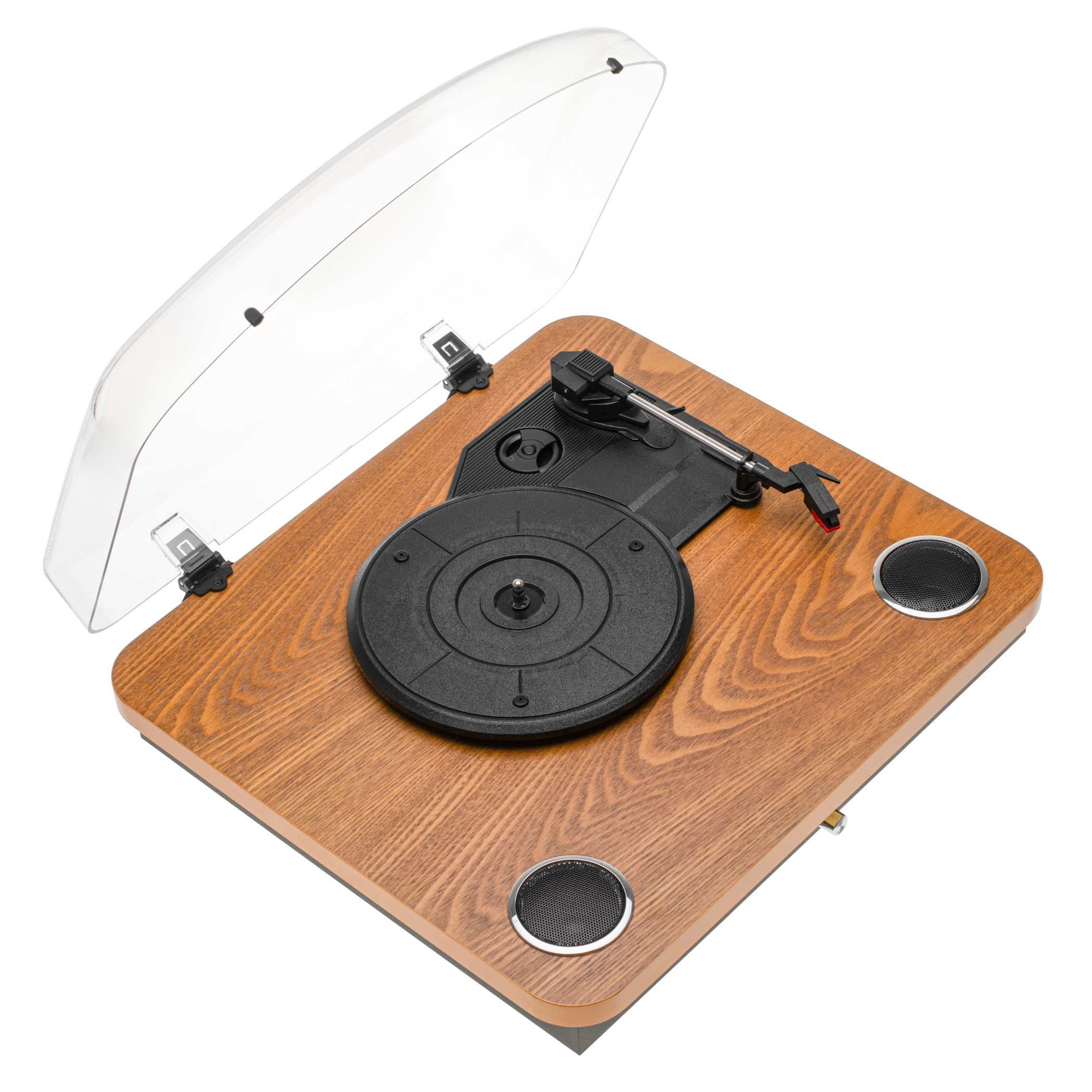 Gramofon w obudowie drewnianej z czarnym talerzem, ramieniem i dwoma głośnikami z przodu, z otwartą przezroczystą pokrywą.