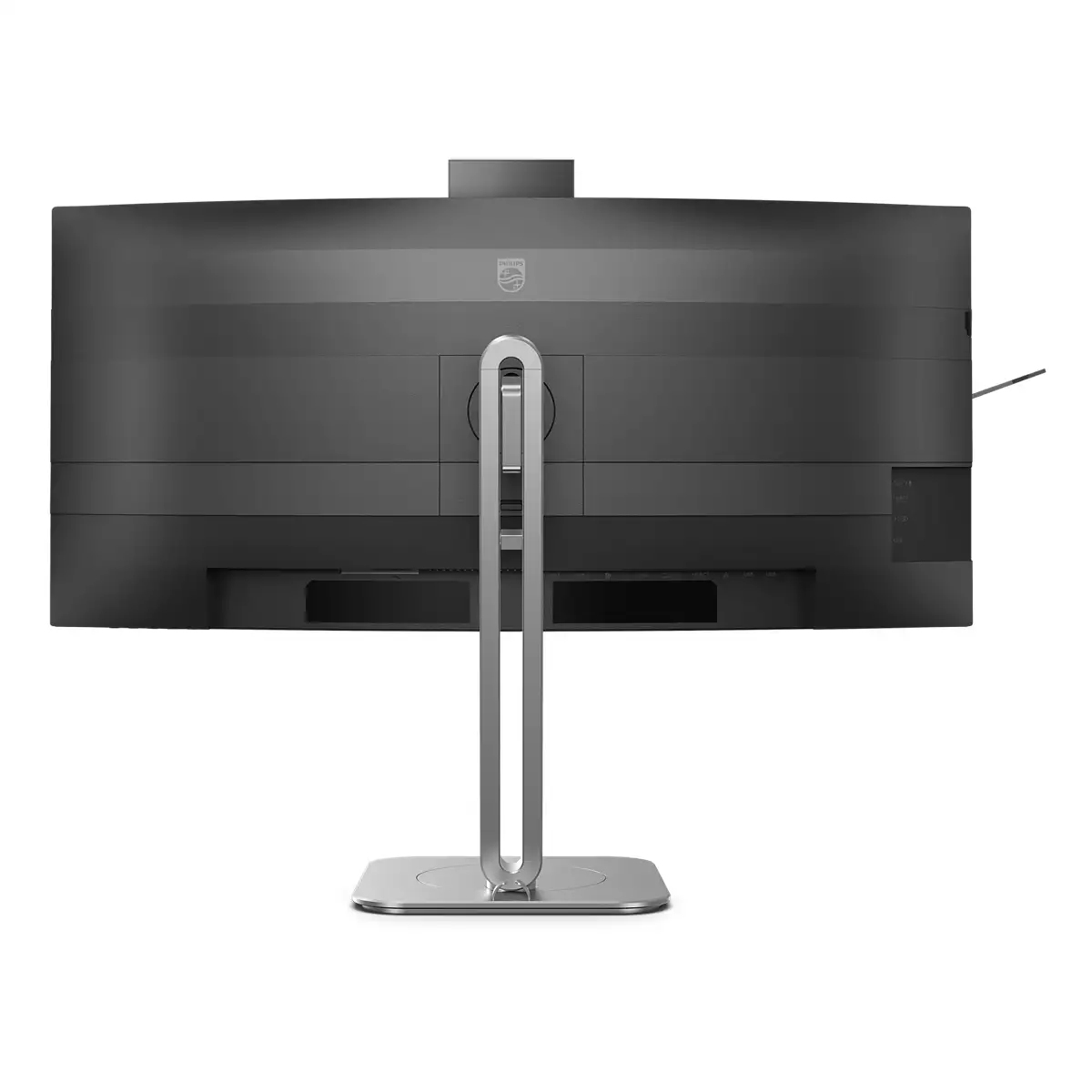 Rückseite eines schwarzen Philips-Monitors mit einem silbernen Standfuß auf weißem Hintergrund.