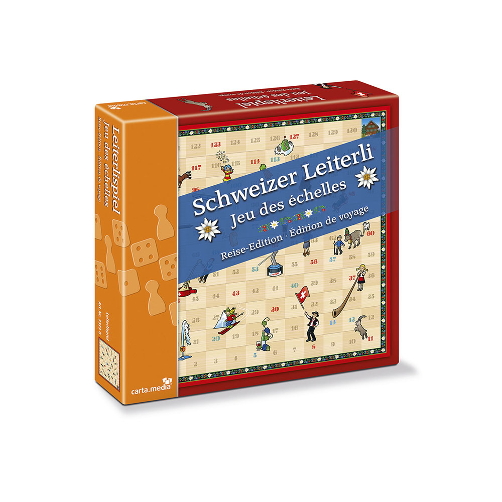 Una scatola di gioco da tavolo rossa e arancione intitolata Schweizer Leiterli con griglia numerata e illustrazioni svizzere.